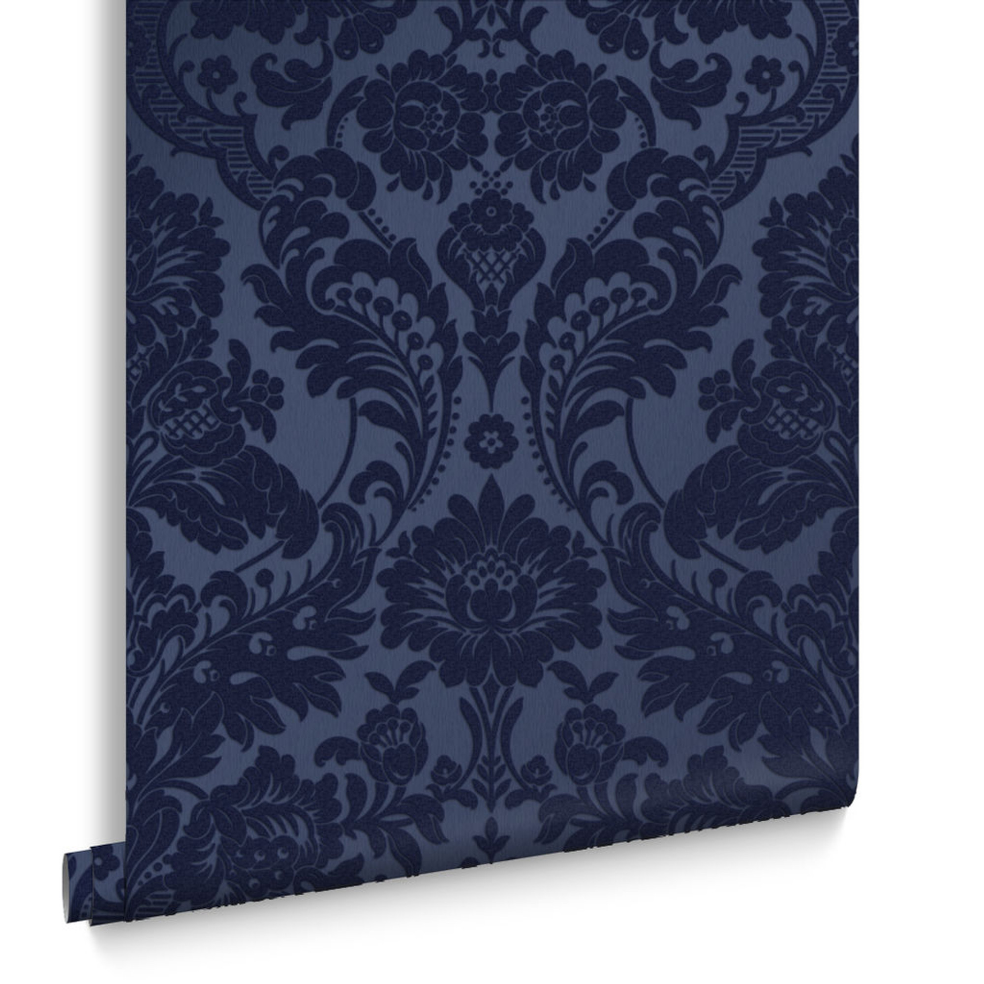 Cobalt Blue Gothic Damask Flocked Luxury Wallpaper