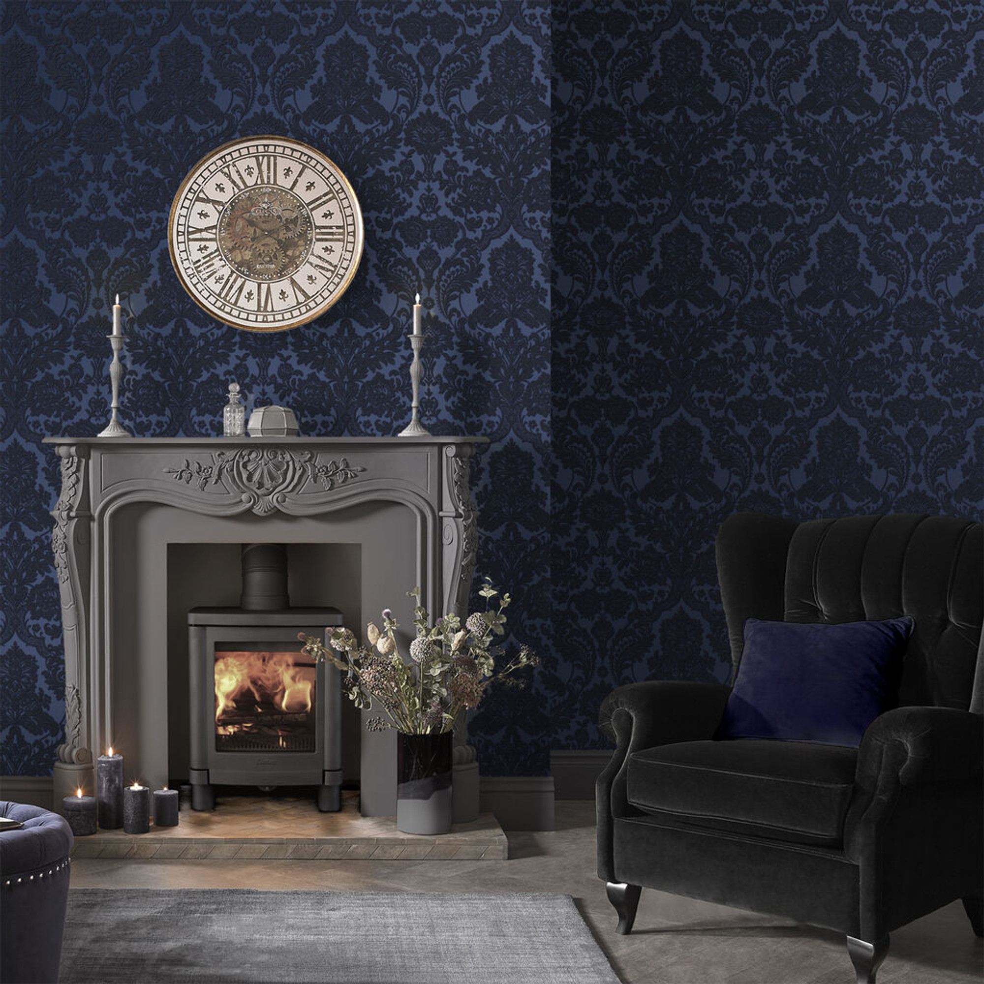 Cobalt Blue Gothic Damask Flocked Luxury Wallpaper