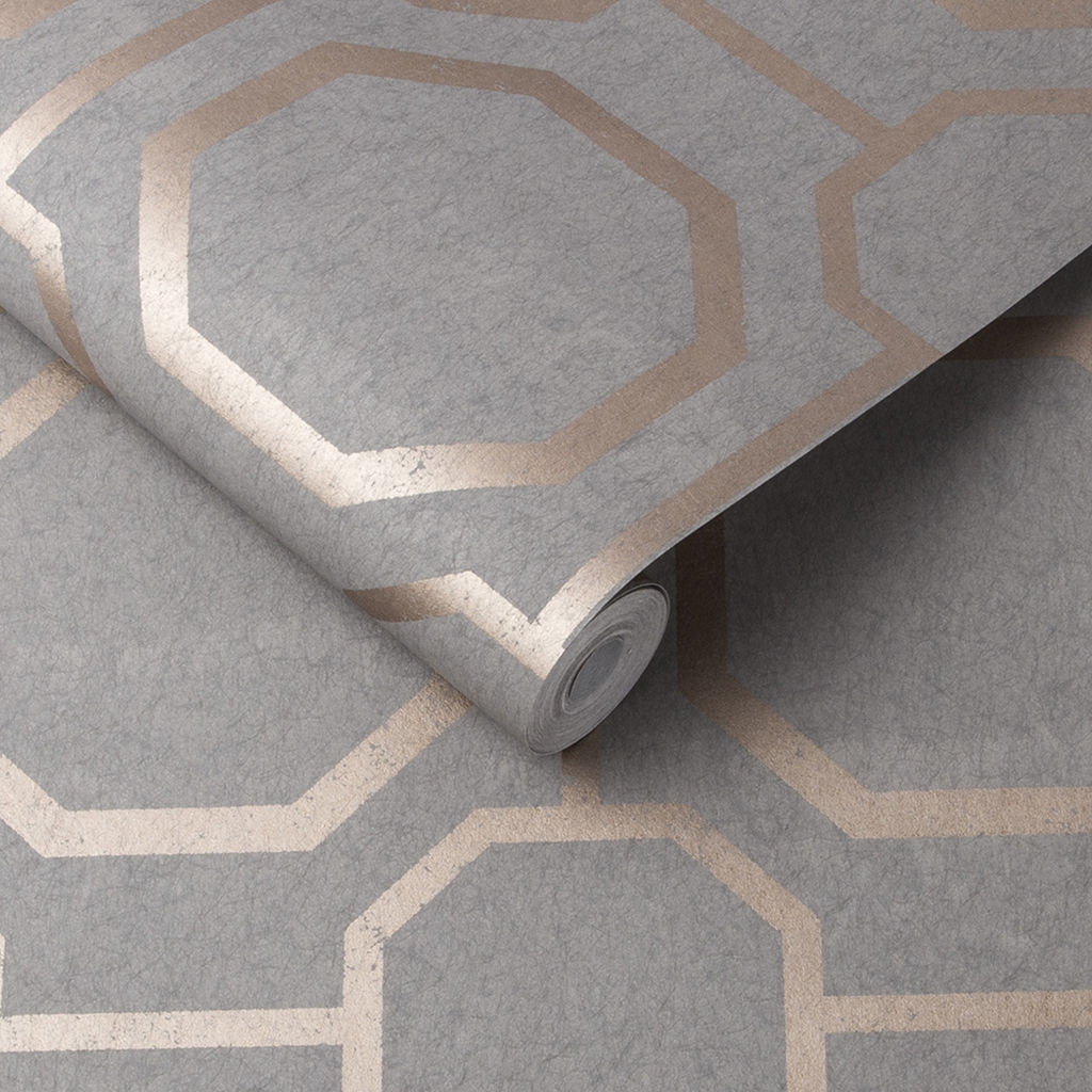 Sashiko Grey And Rose Gold Geometric Trellis Wallpaper Graham And