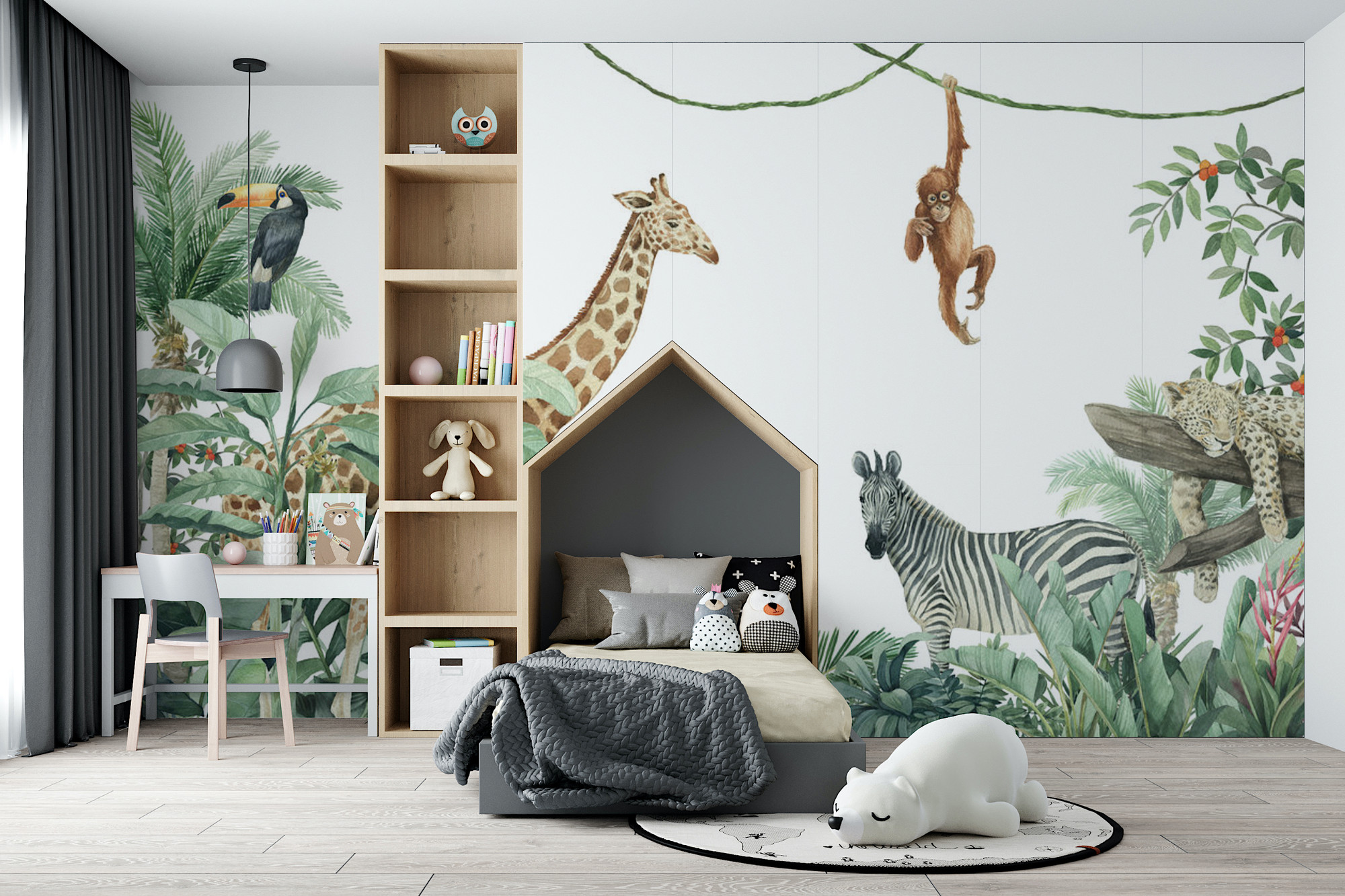 Jungle Friends Wallpaper Mural, Toucan, Giraffe, Monkey, Zebra, Leopard