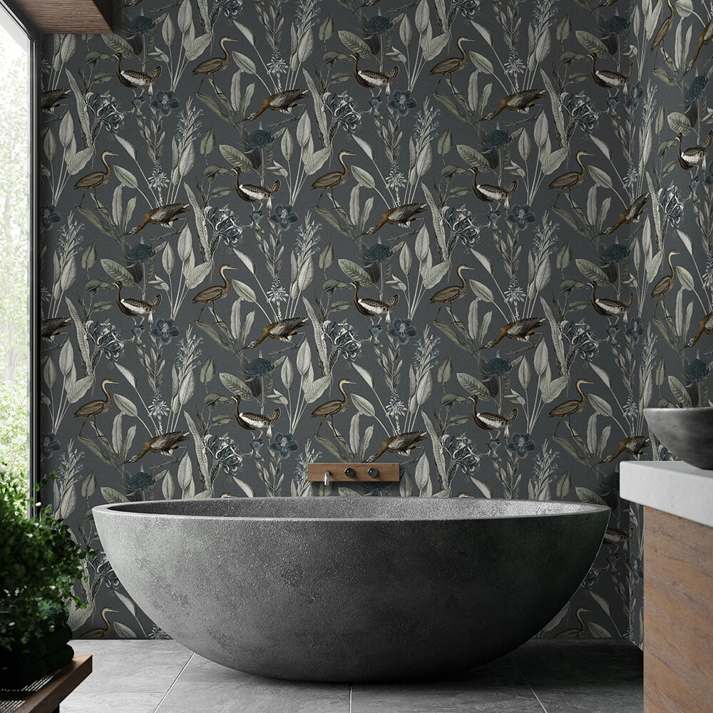 Glasshouse Midnight Grey Natty Polly Wallpaper Australia
