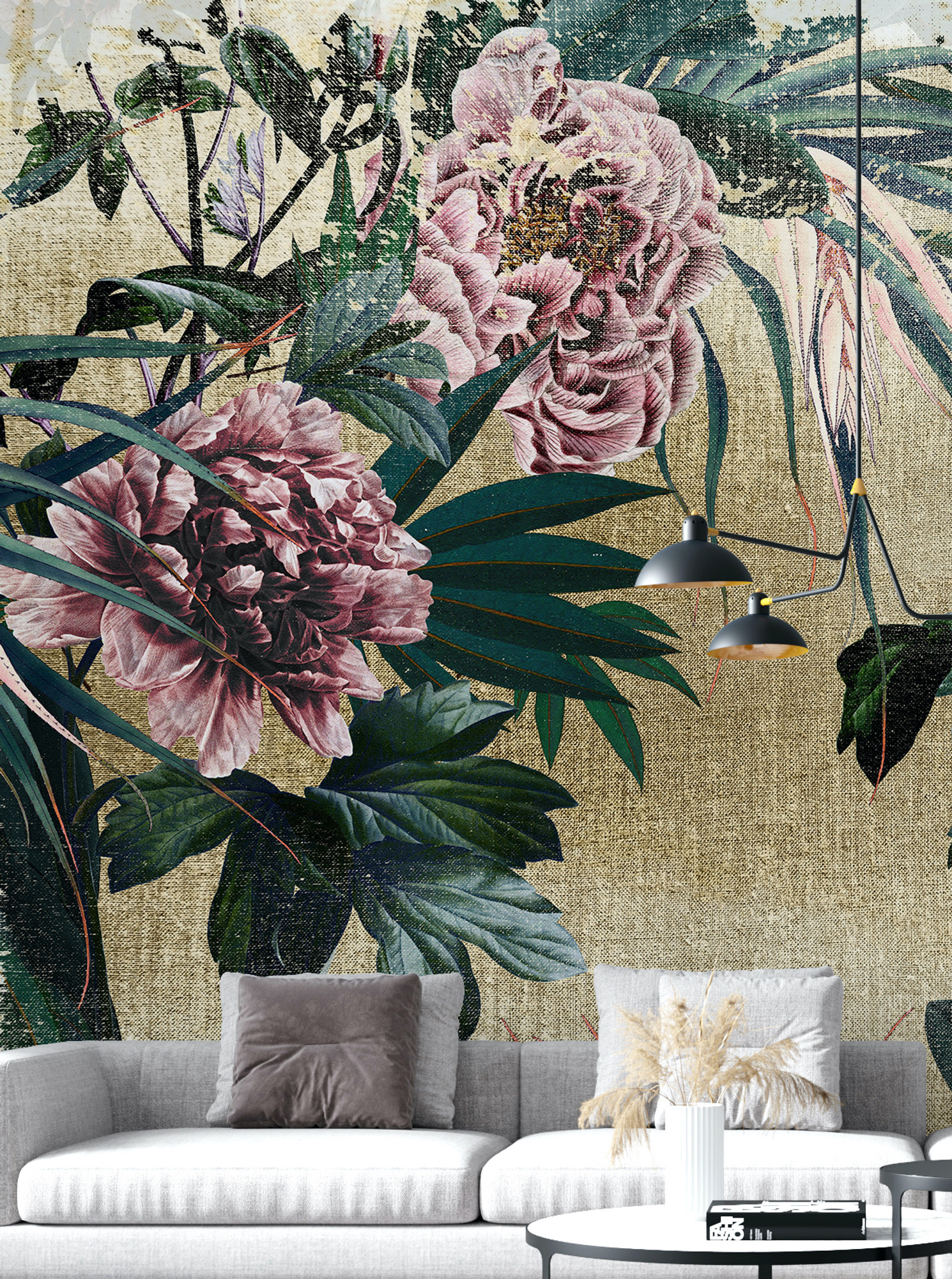Peony Flower Floral Wallpaper Mural Gold and Pink