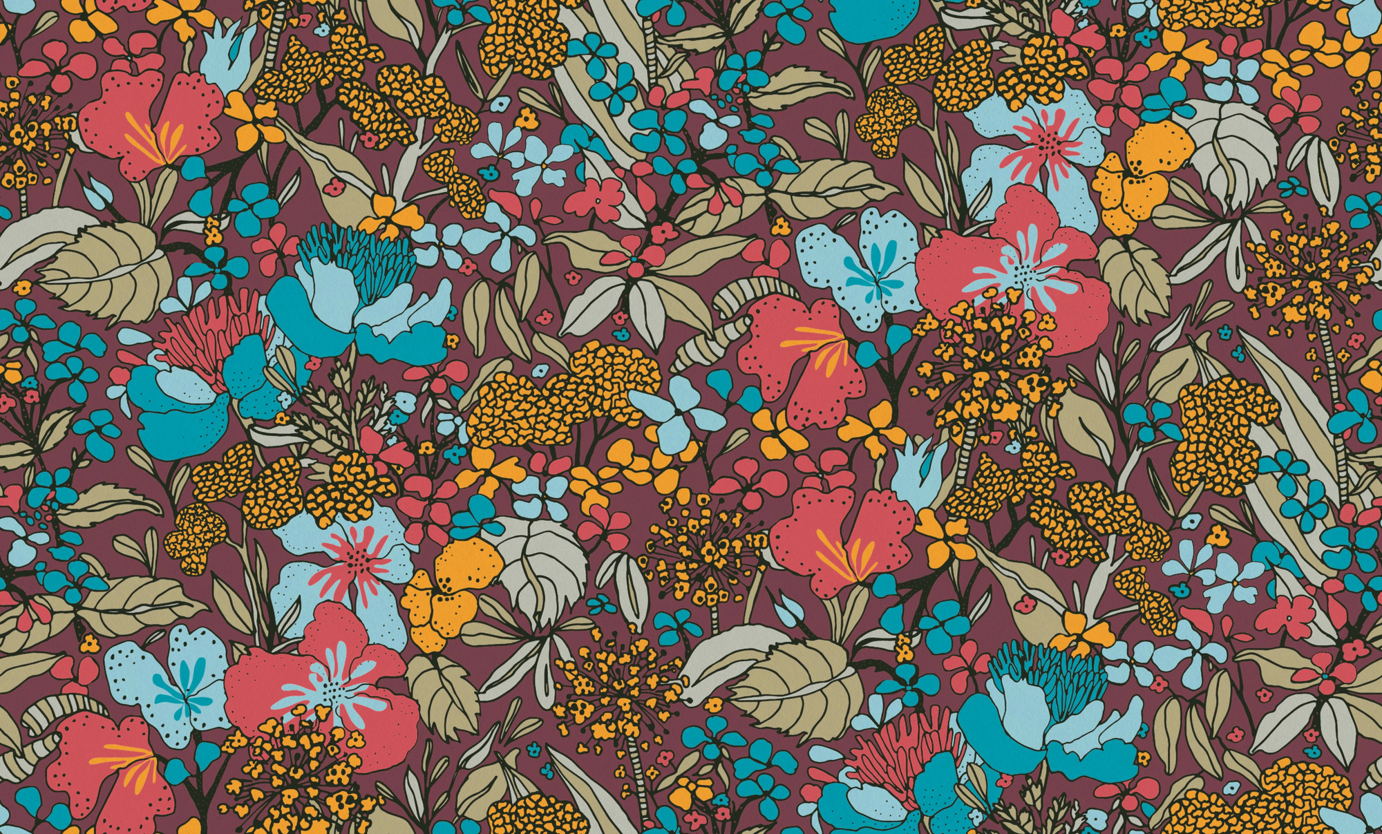 Brightly Coloured Botanical Flowers Wallpaper in Bright Blue and Maroon