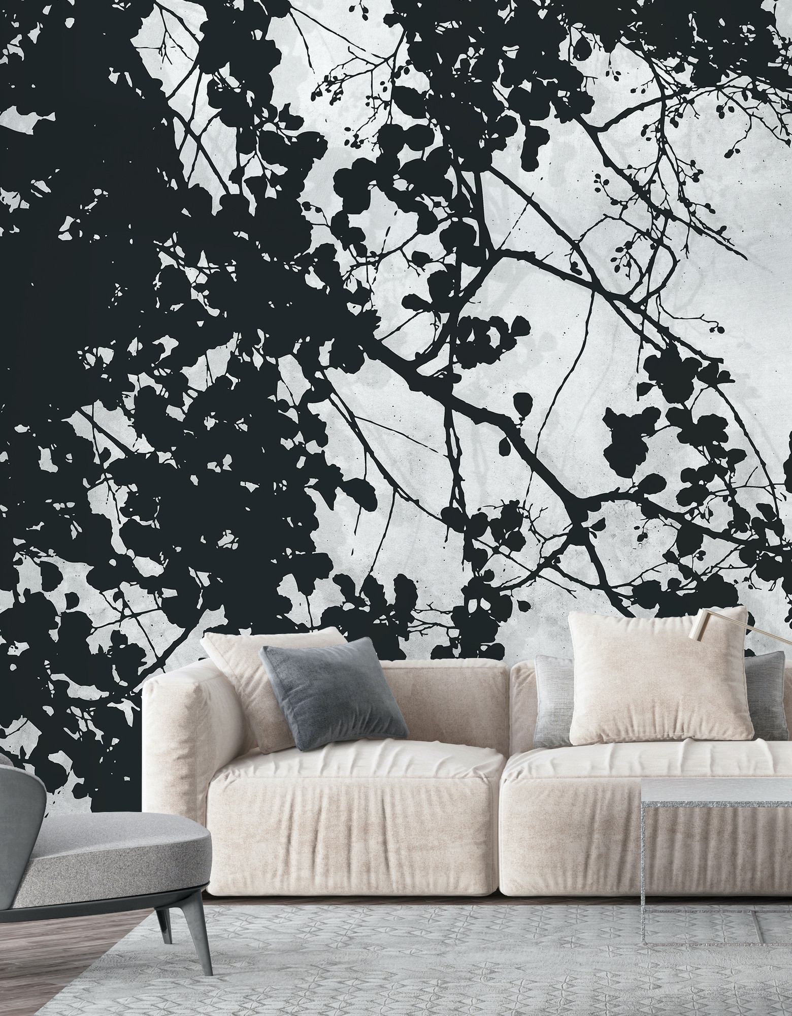 Light Grey Concrete Tree Silhouette Black White Wallpaper Mural