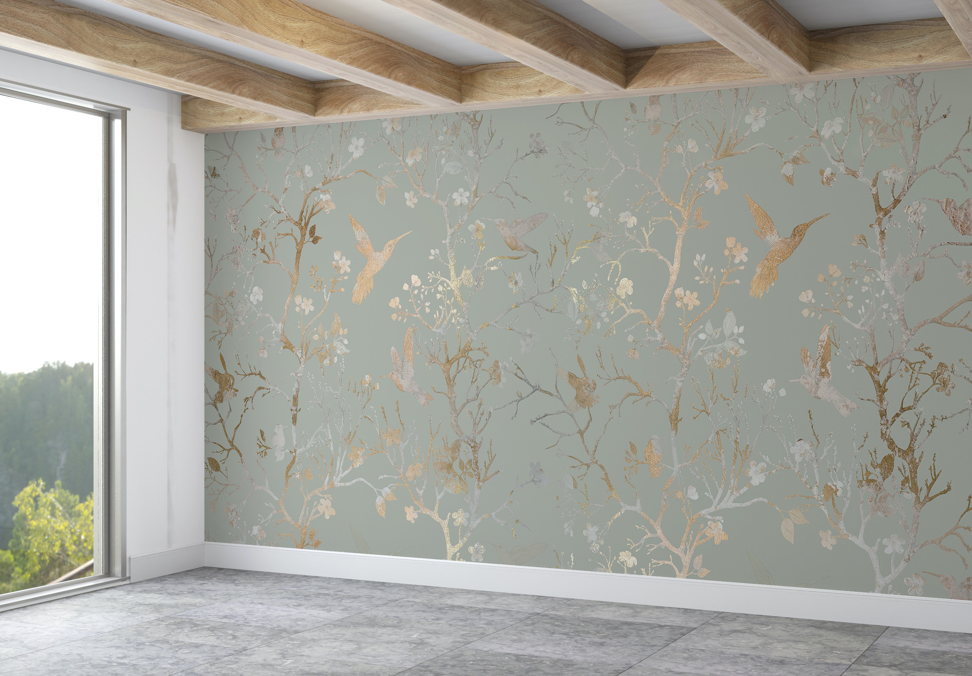 Sage Green and Gold Luxurious Chinoiserie Tree Bird Wallpaper Mural