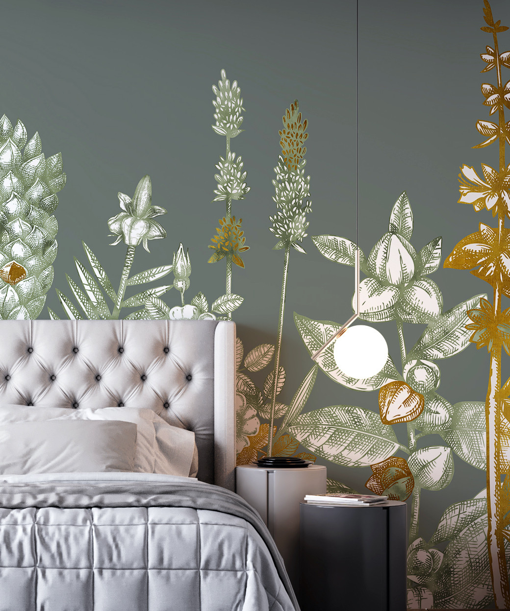 Sage Green and Gold Tropical Plants and Flowers Wallpaper Mural