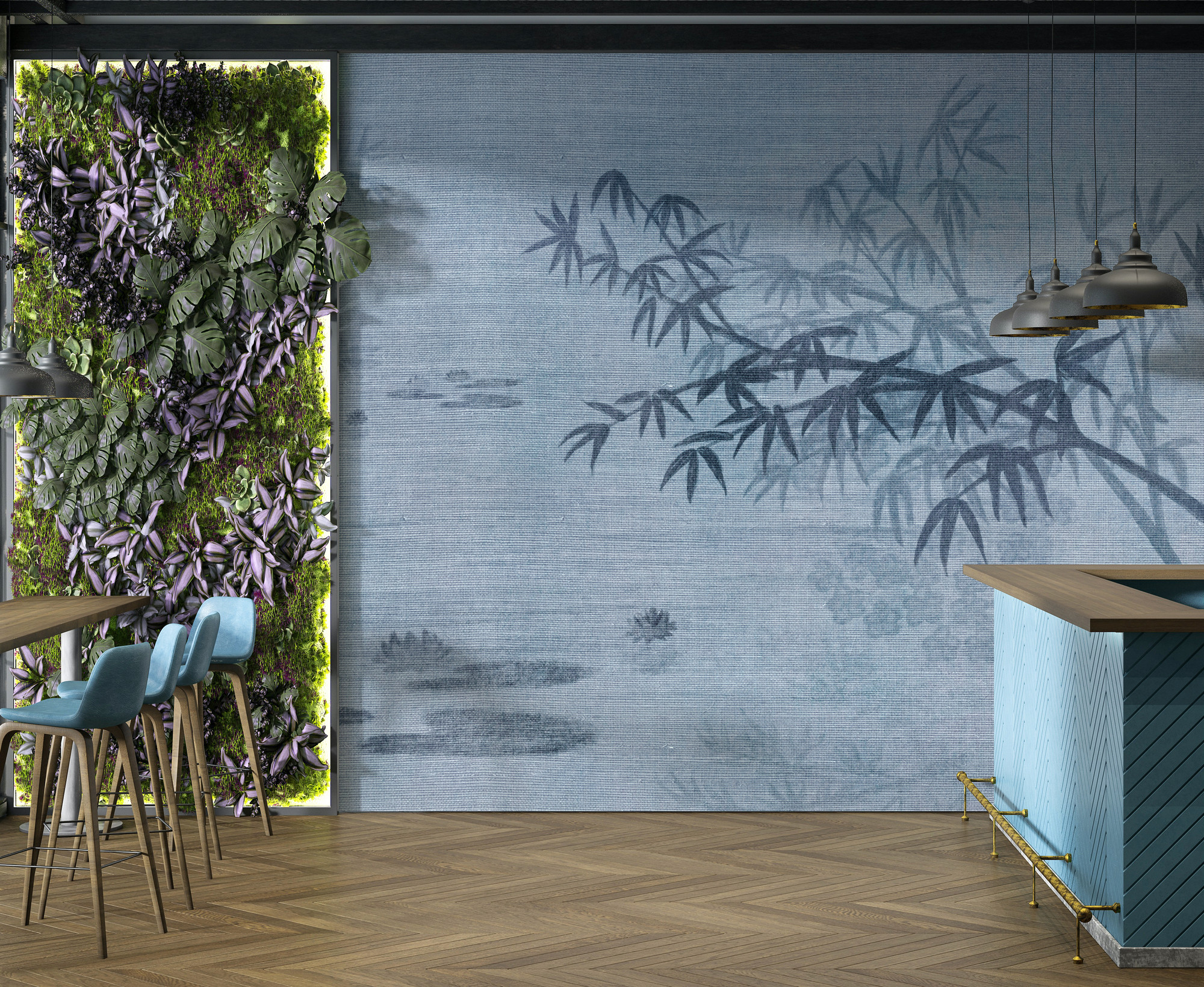 Blue Oriental Bamboo Faux Sisal Scenery Wallpaper Mural Pattern