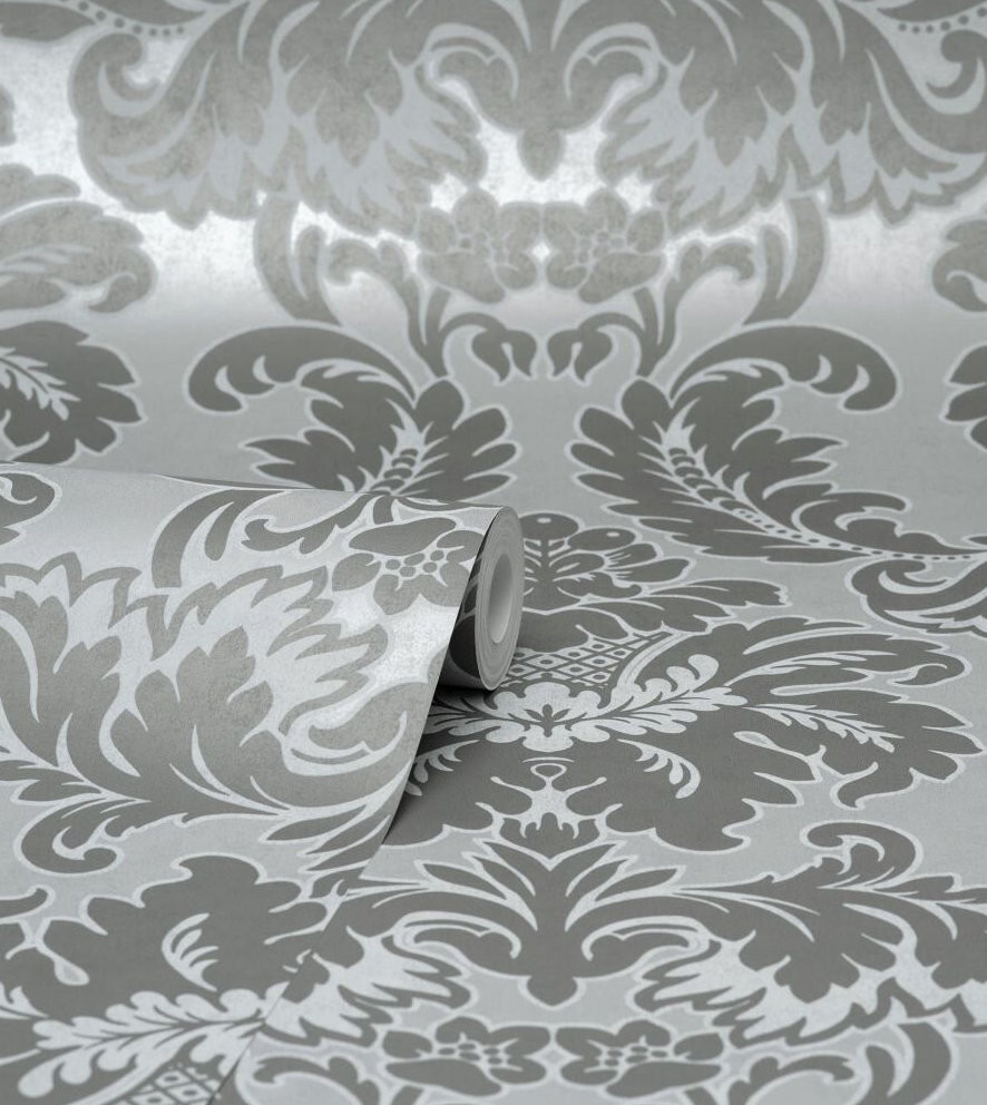 Grand Large Scale Damask Grey Wallpaper