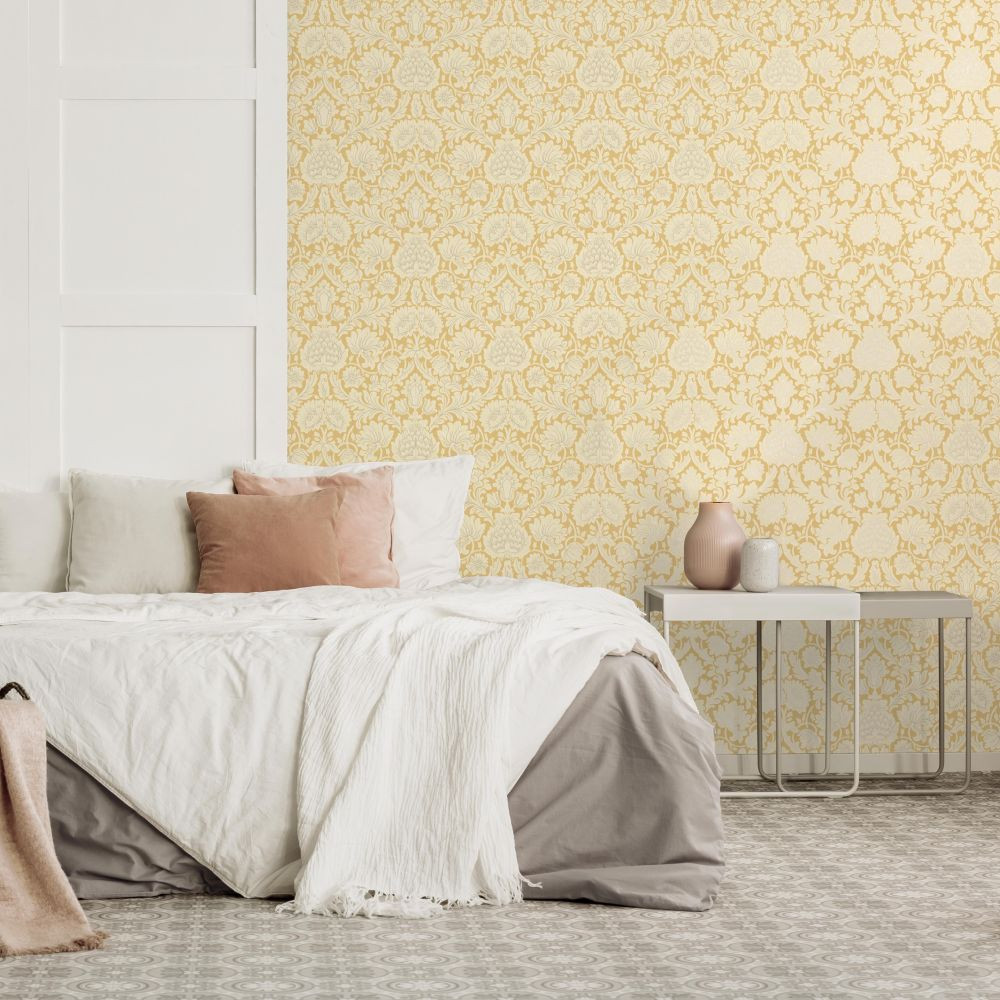Large Scale Contemporary Damask Mustard Wallpaper