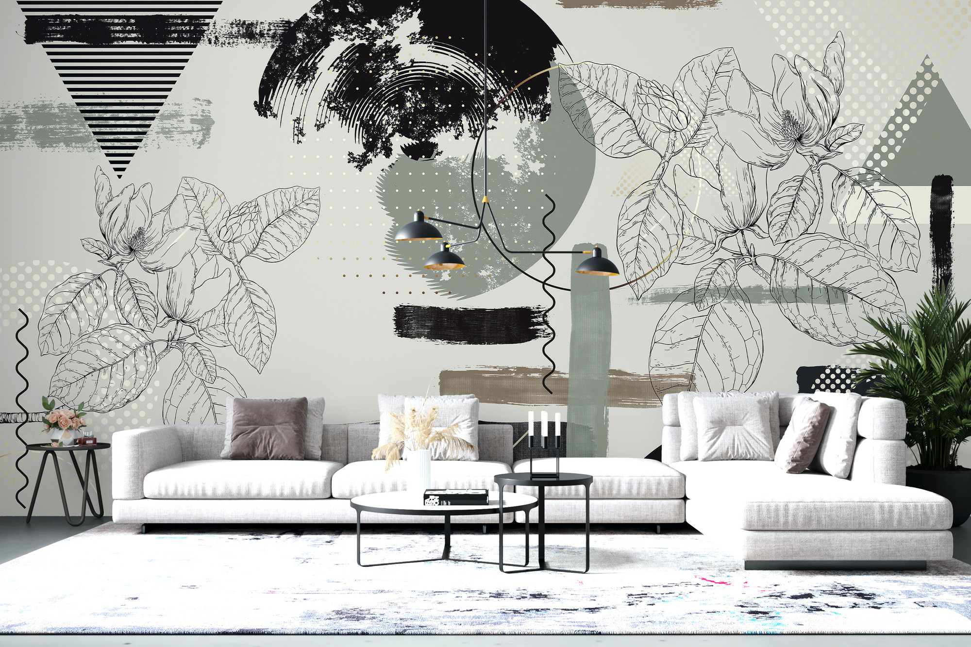 Sage Stone and Black Abstract Magnolia Flowers Sketch Wallpaper Mural
