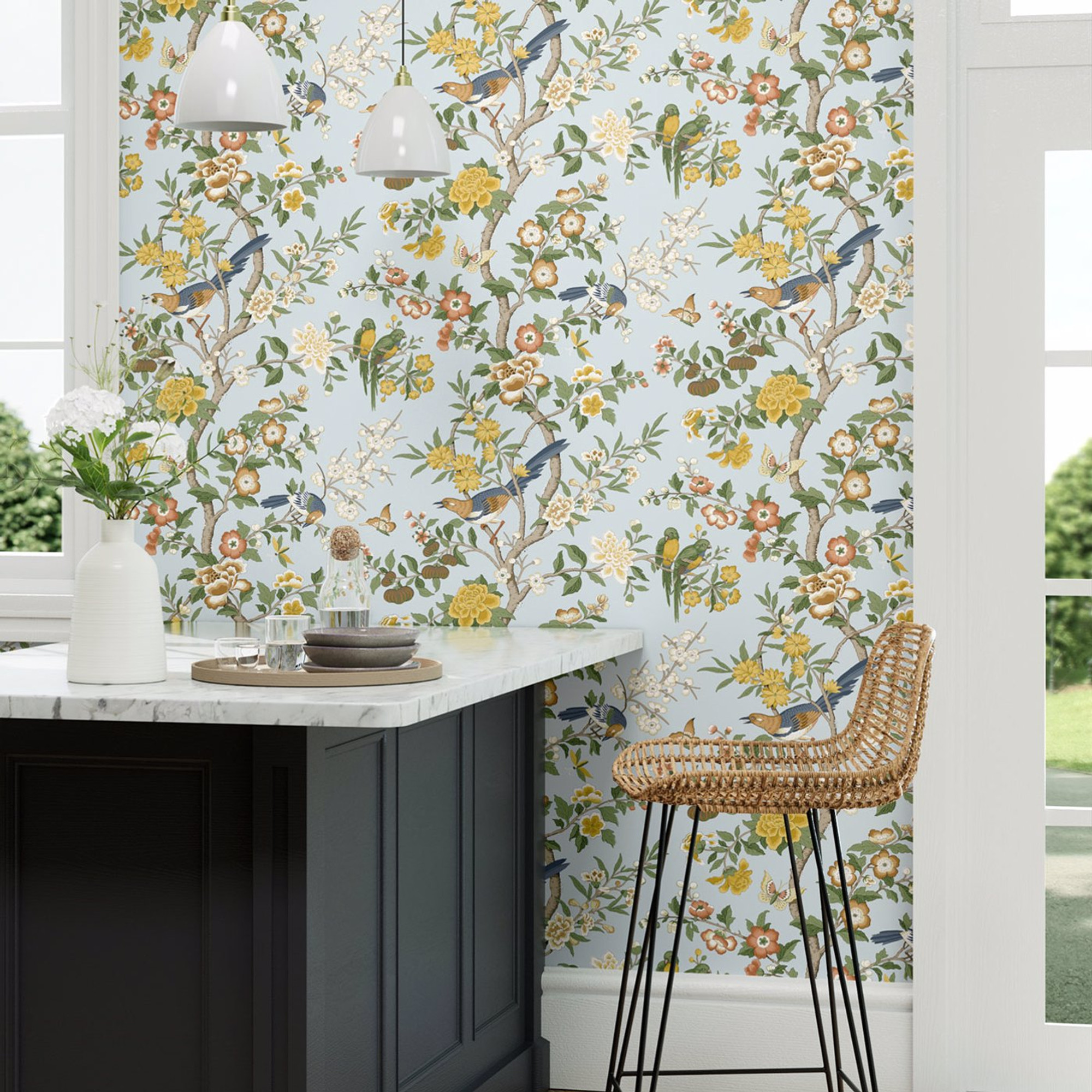 Budgies Floral Blooms Dawn Blue Persimmon Orange Wallpaper | Sanderson