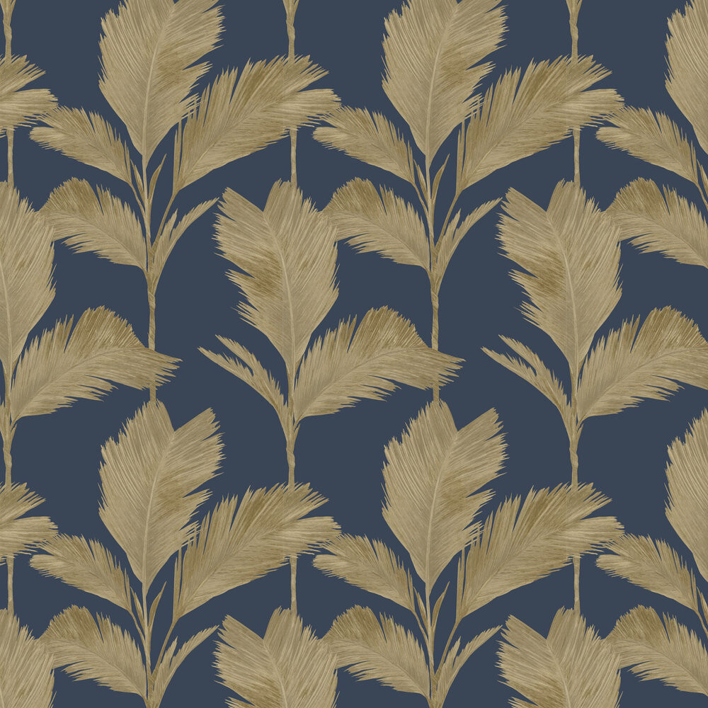 Large Scale Feathered Leaves Gold Navy Blue Vinyl Wallpaper