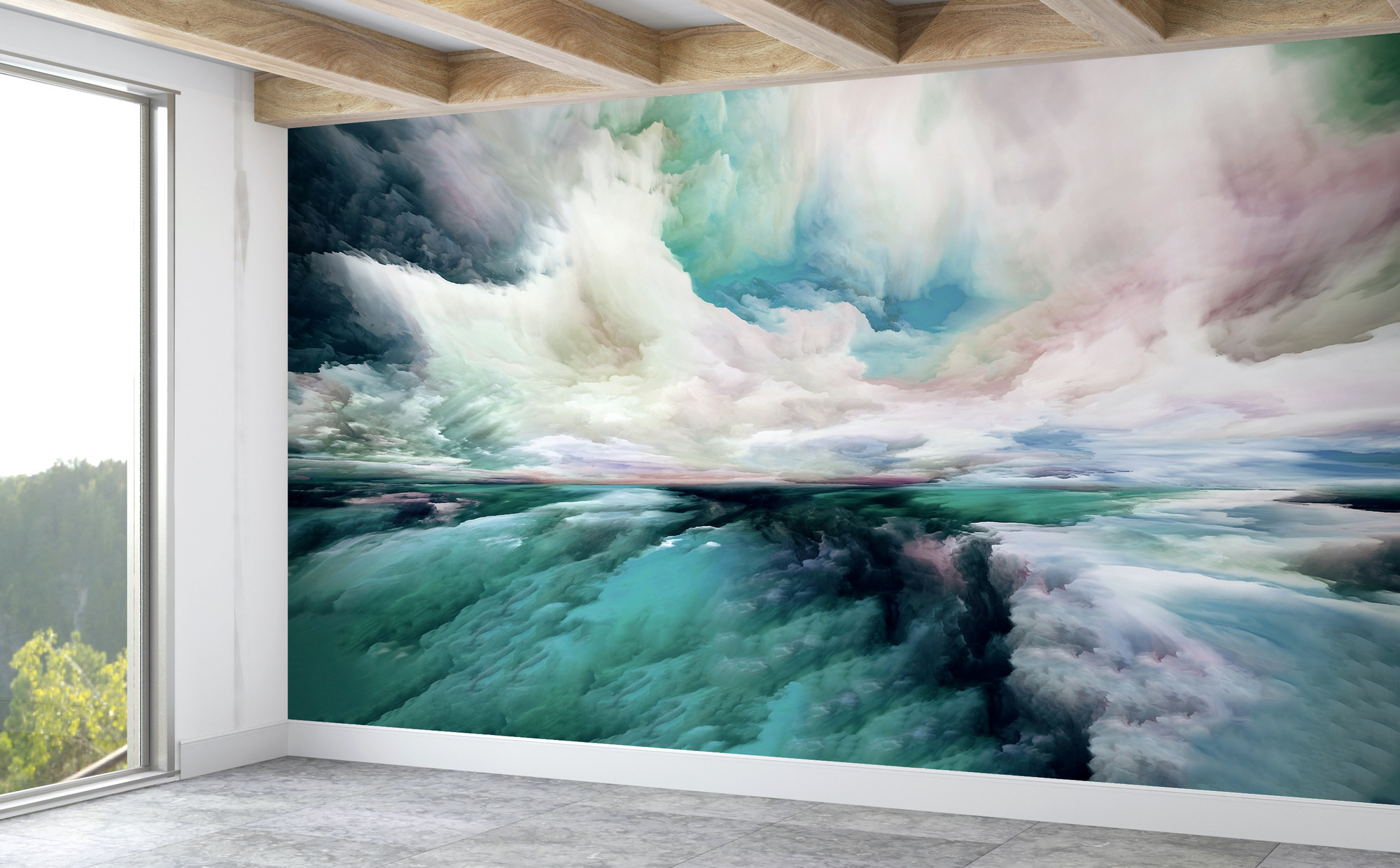 Soft Pink and Aqua Abstract Clouds Landscape Style Watercolour Wallpaper  Mural