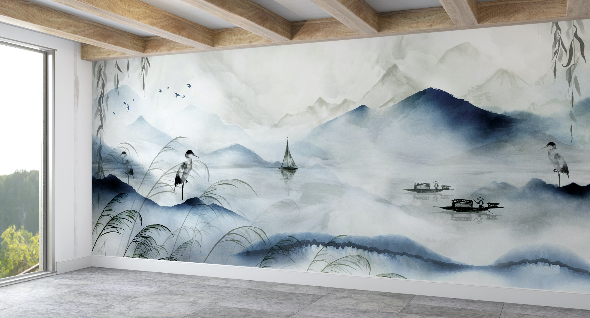 Navy Blue and White Serene Coastal Oriental Wallpaper Mural | Mountains  Lake Birds