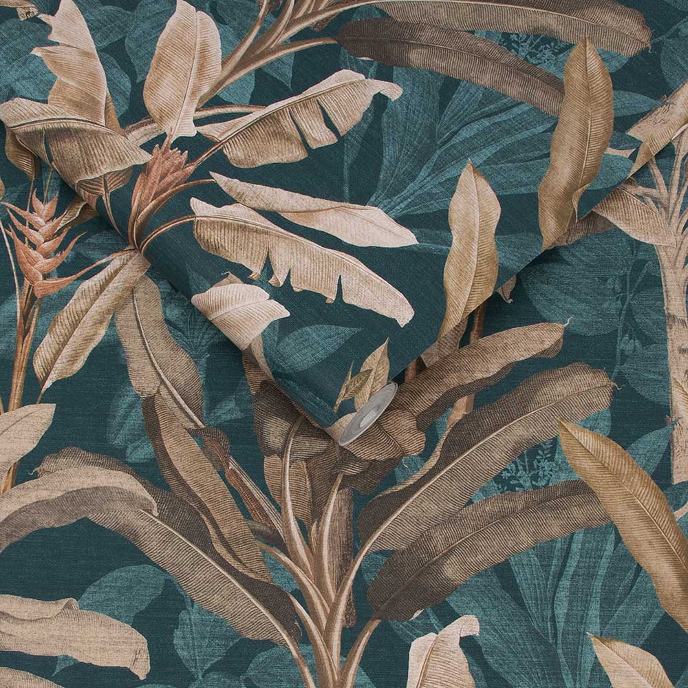 Jungle Banana Palm Leaves Teal Blue Wallpaper Graham & Brown Borneo