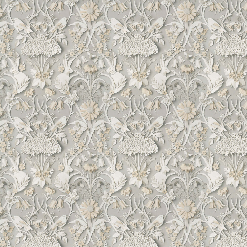 Traditional Damask Effect Forest Animals Soft Grey Wallpaper