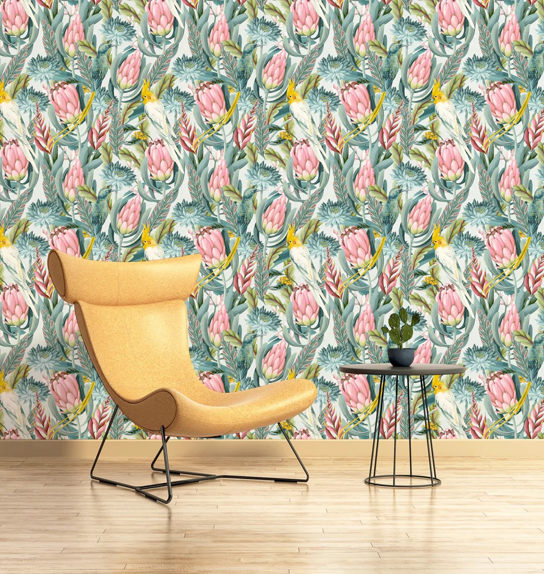 Tropical Protea Flowers Exotic Parrots Green Pink Vinyl Wallpaper ...