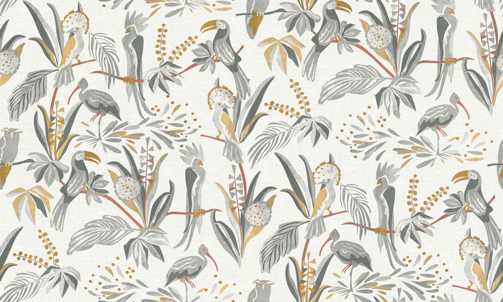 Tropical Birds Toucans Parrots Hand Drawn Effect Grey Ivory Non Woven