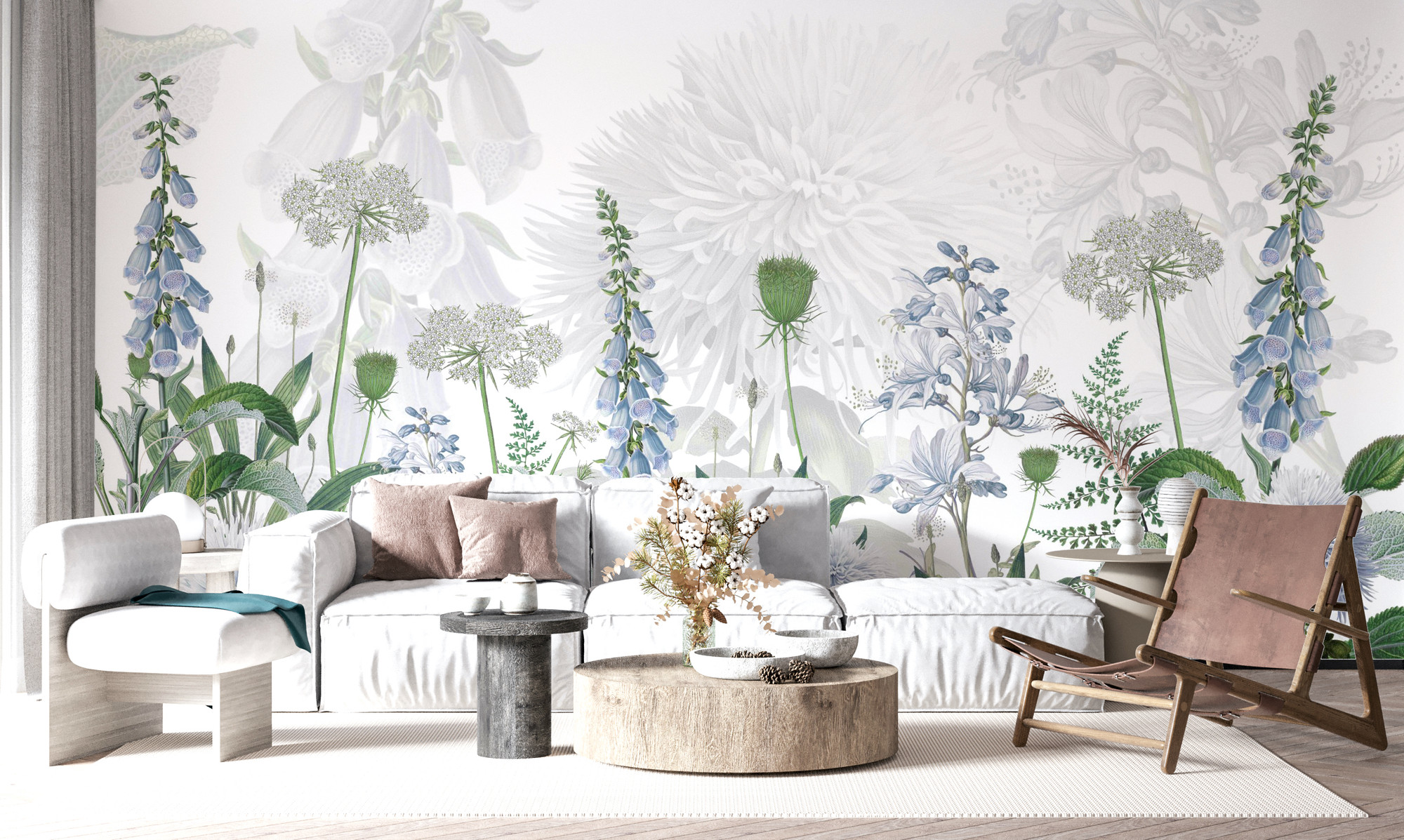 Soft Elegant Floral Wallpaper Wall Mural Blue White | Made in Australia