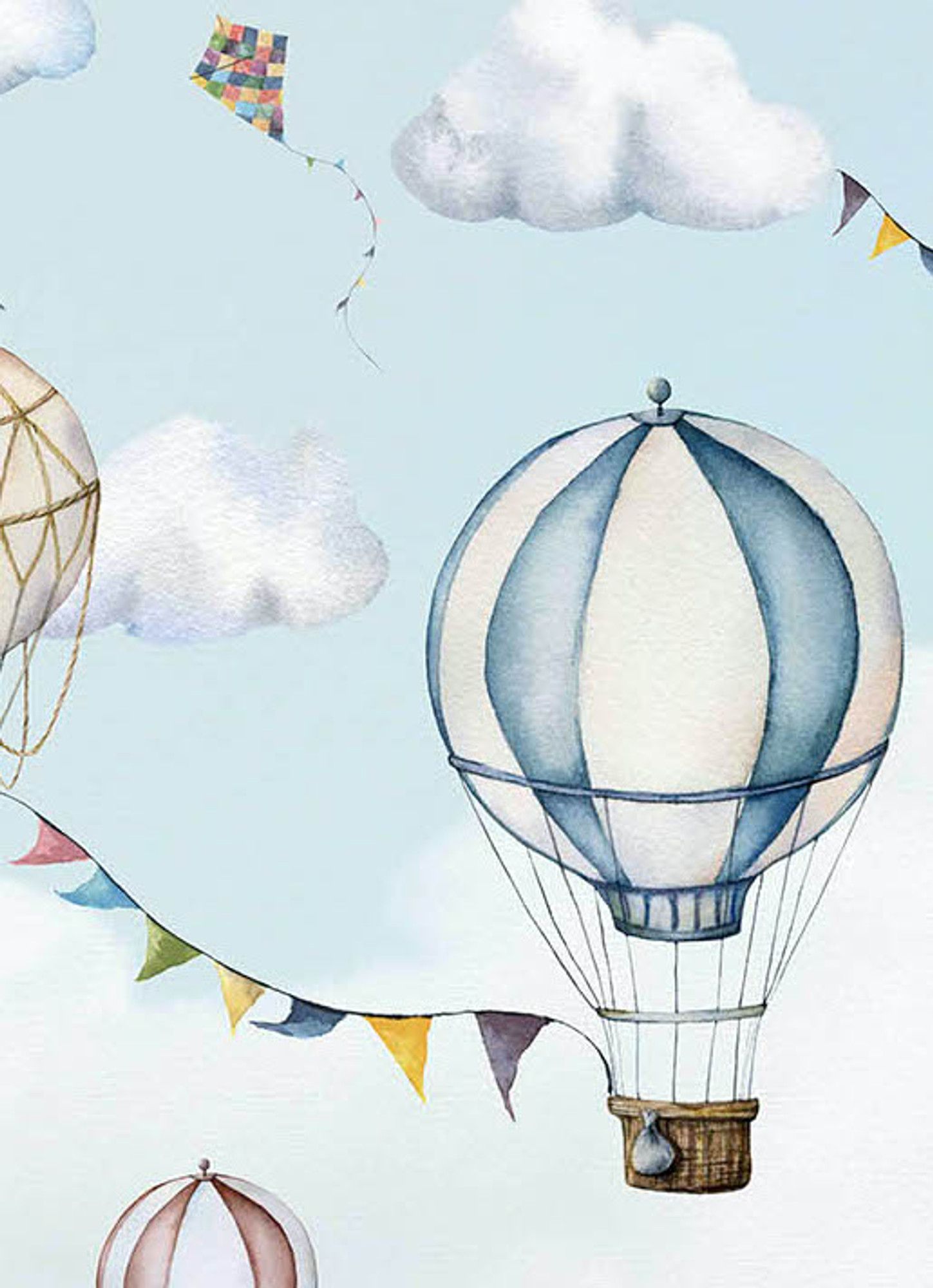 Hot Air Balloon Wallpaper Mural with Blue Clouds in Watercolour