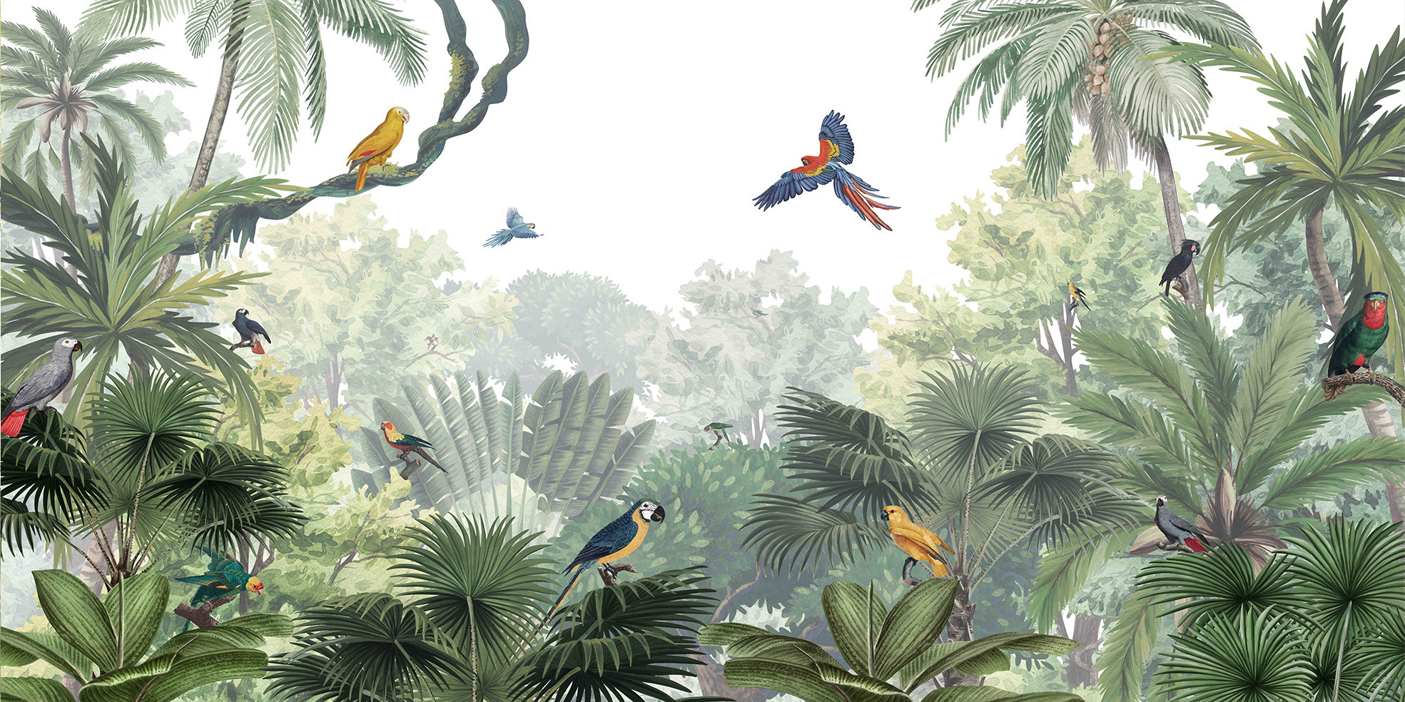 Tropical Jungle Birds Trees Neutral Green Wallpaper Wall Mural