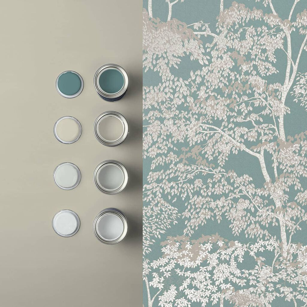 Autumn Towering Trees Duck Egg Blue Wallpaper Graham and Brown Idyll Tree