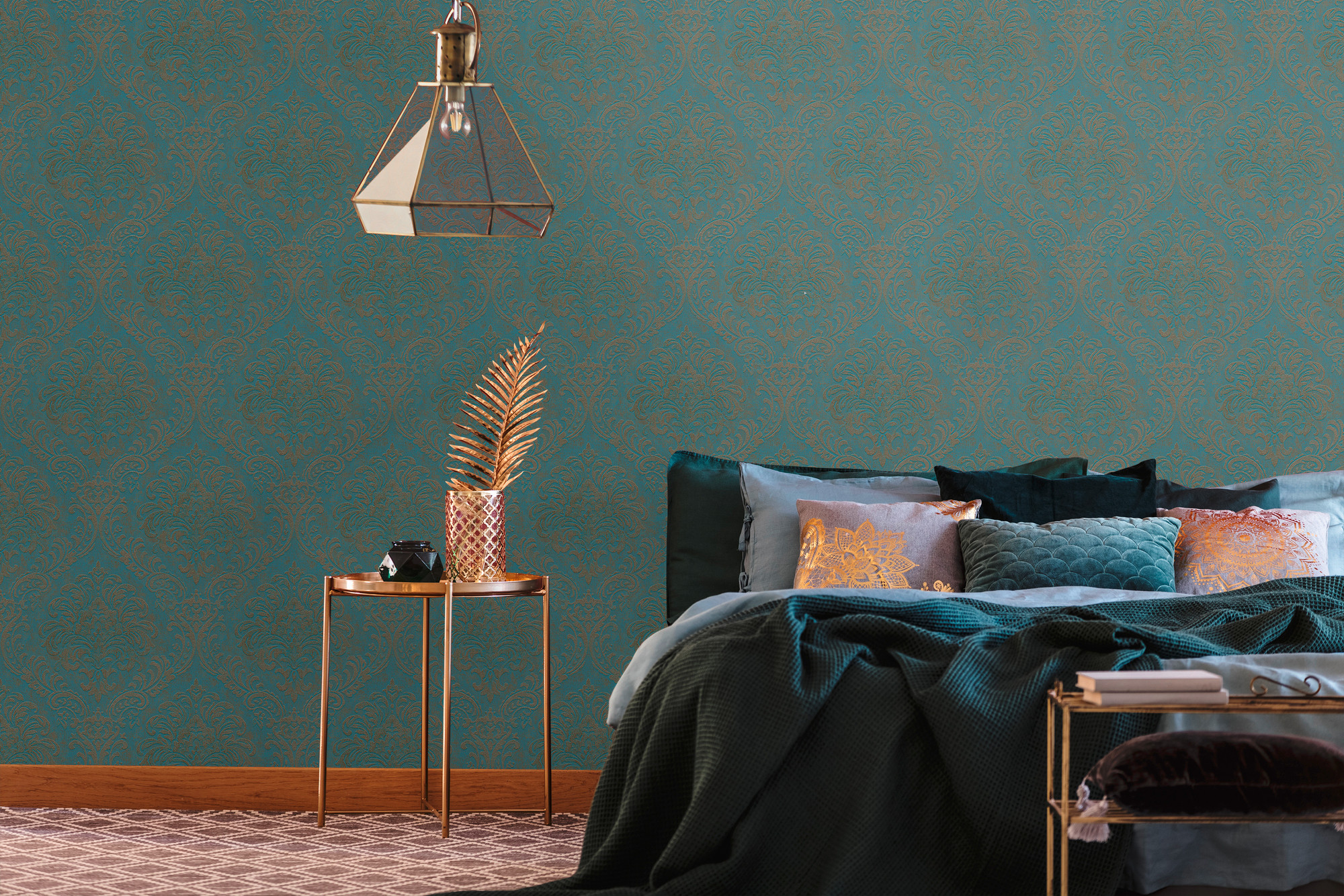 Provincial Vintage Damask Blue Gold Non Woven Wallpaper AS Creation