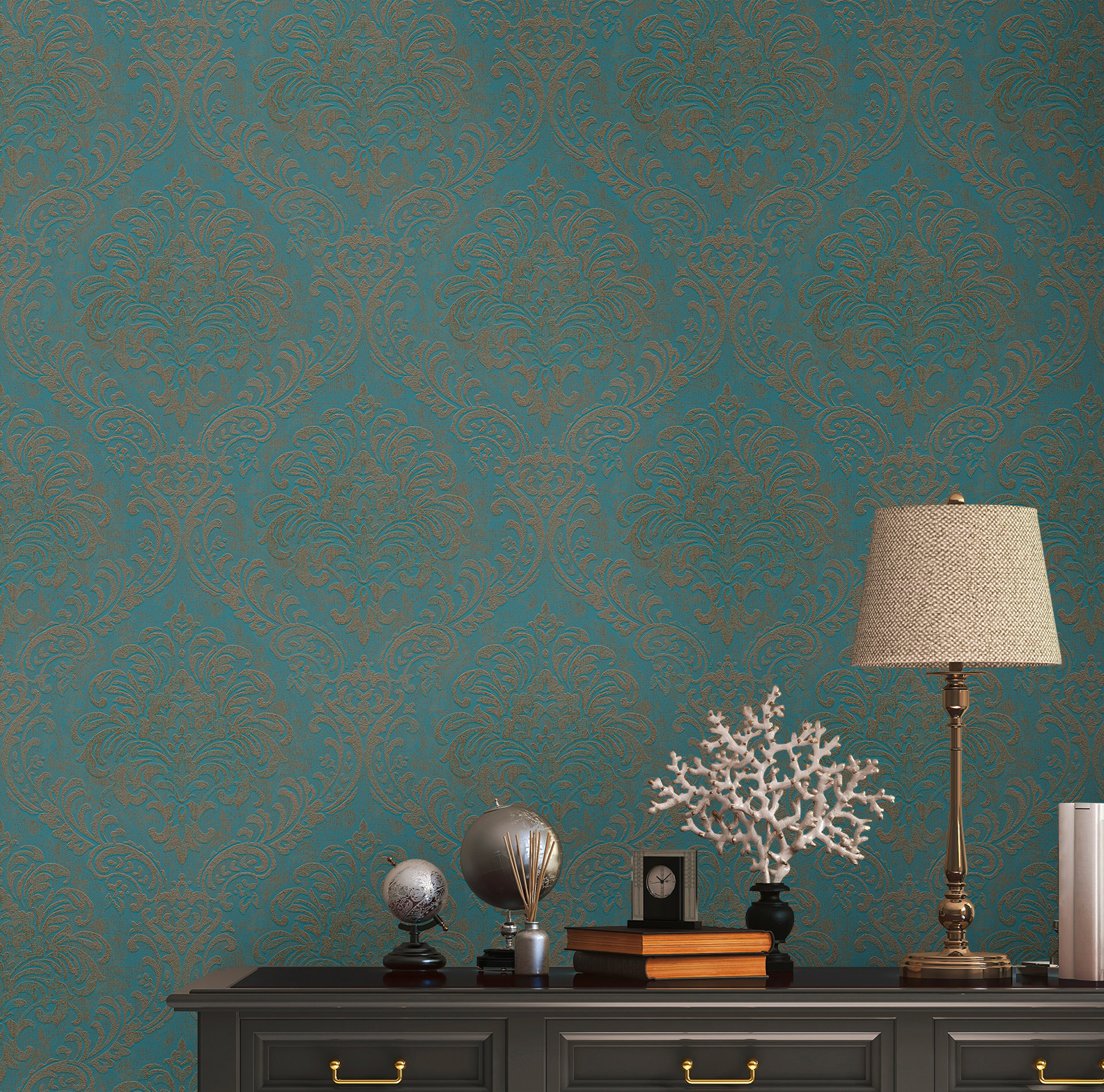 Provincial Vintage Damask Blue Gold Non Woven Wallpaper AS Creation