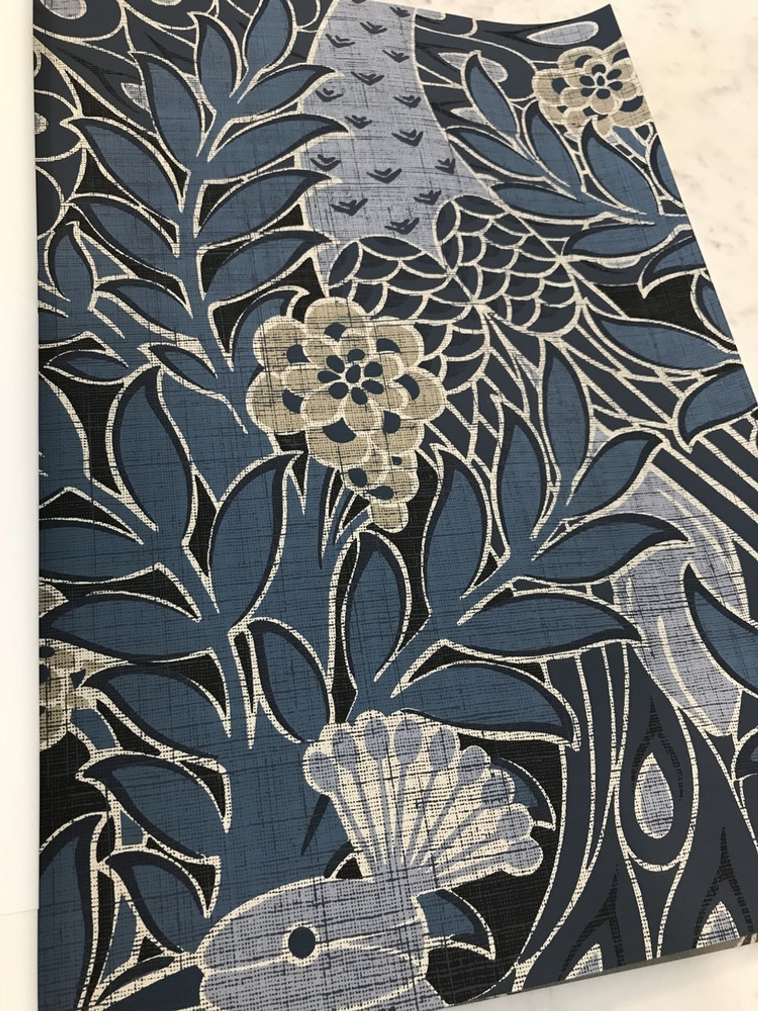 High Style Peacock Fern Linen Texture Wallpaper Navy Blue | Thibaut Desmond