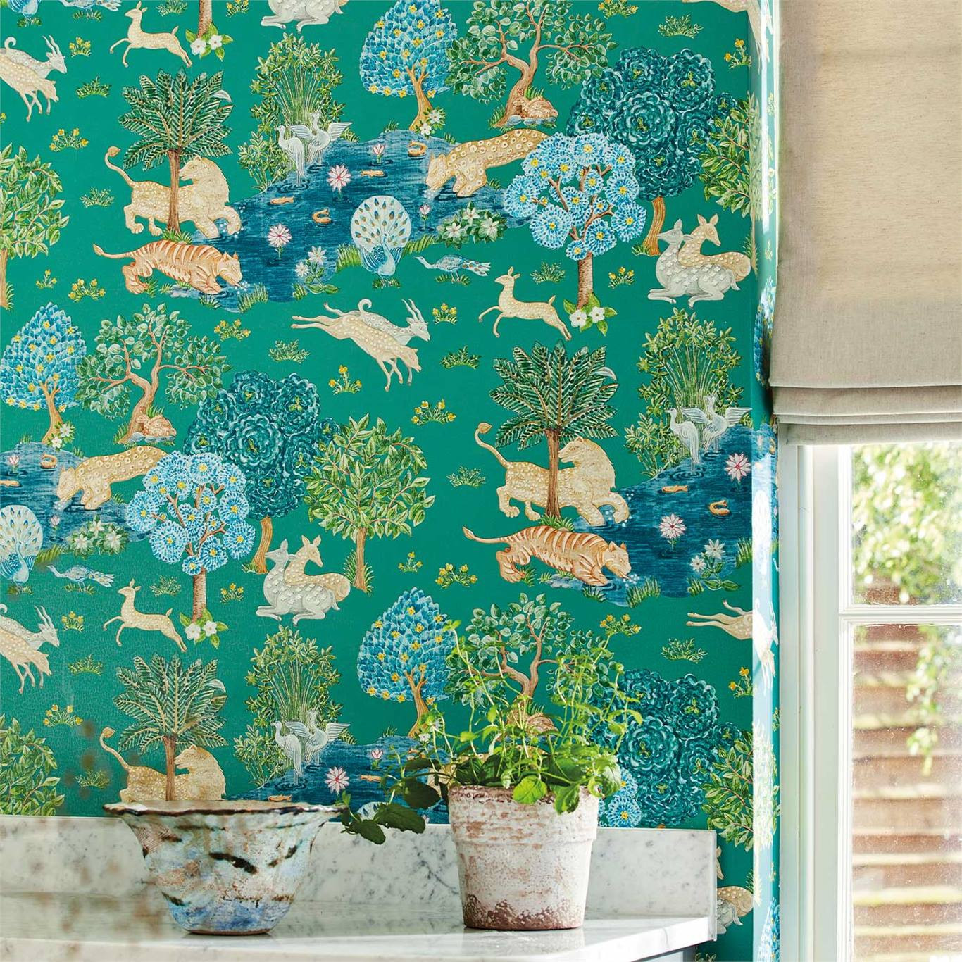 HandDrawn Animal Kingdom Teal Wallpaper Sanderson Pamir Garden