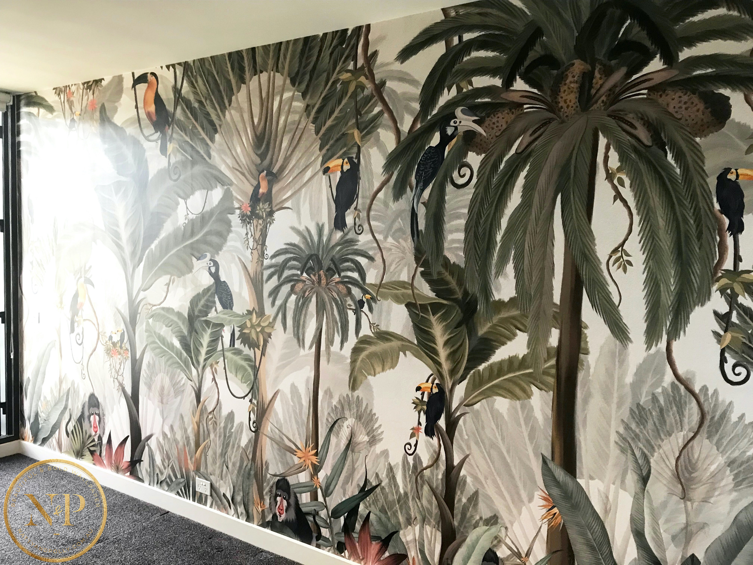 Bold and Bright Tropical Birds Palm Leaf Amazon Wallpaper Mural White