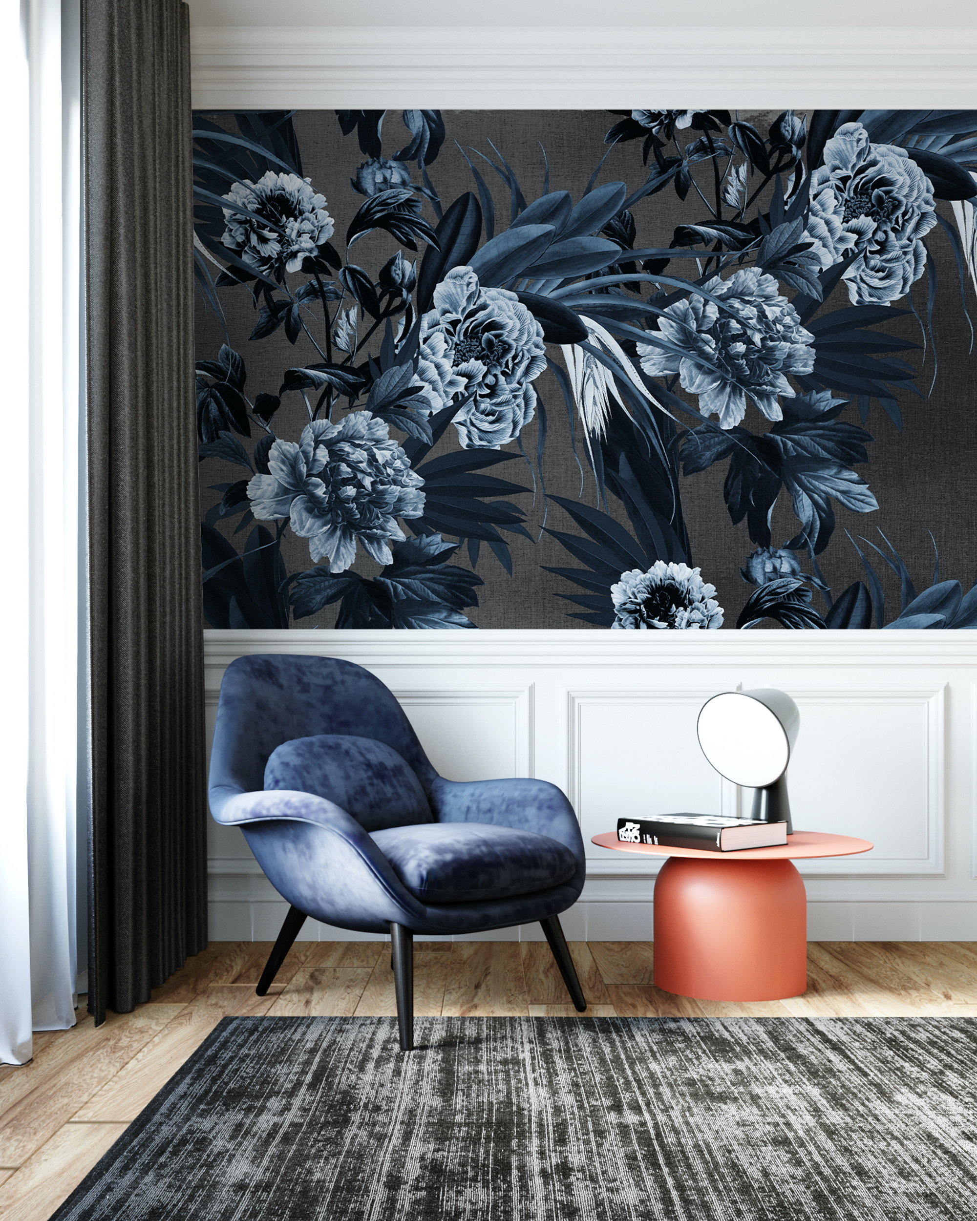 Peony Flower Floral Wallpaper Mural Blue and Black