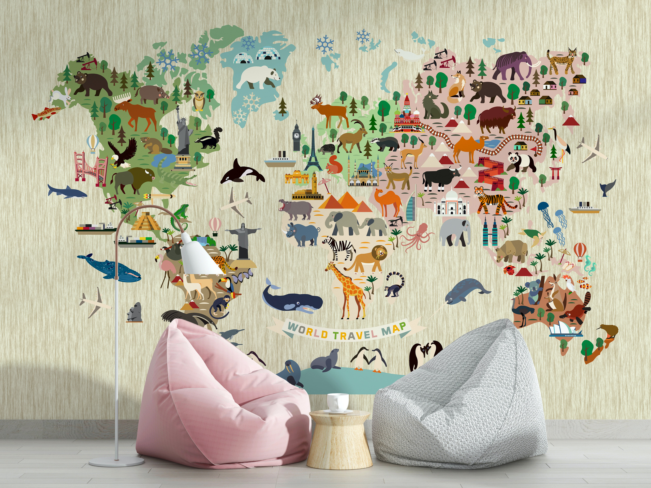 Animal World Map Linear Wallpaper Mural - Beige