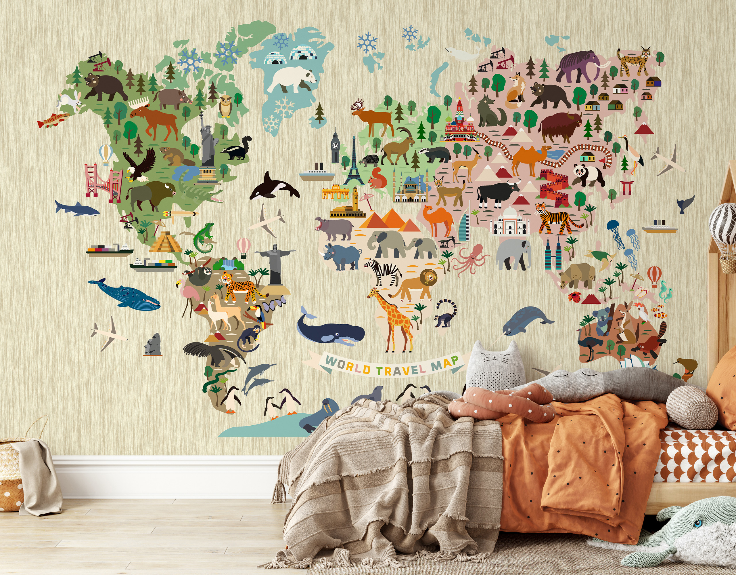 Animal World Map Linear Wallpaper Mural - Beige