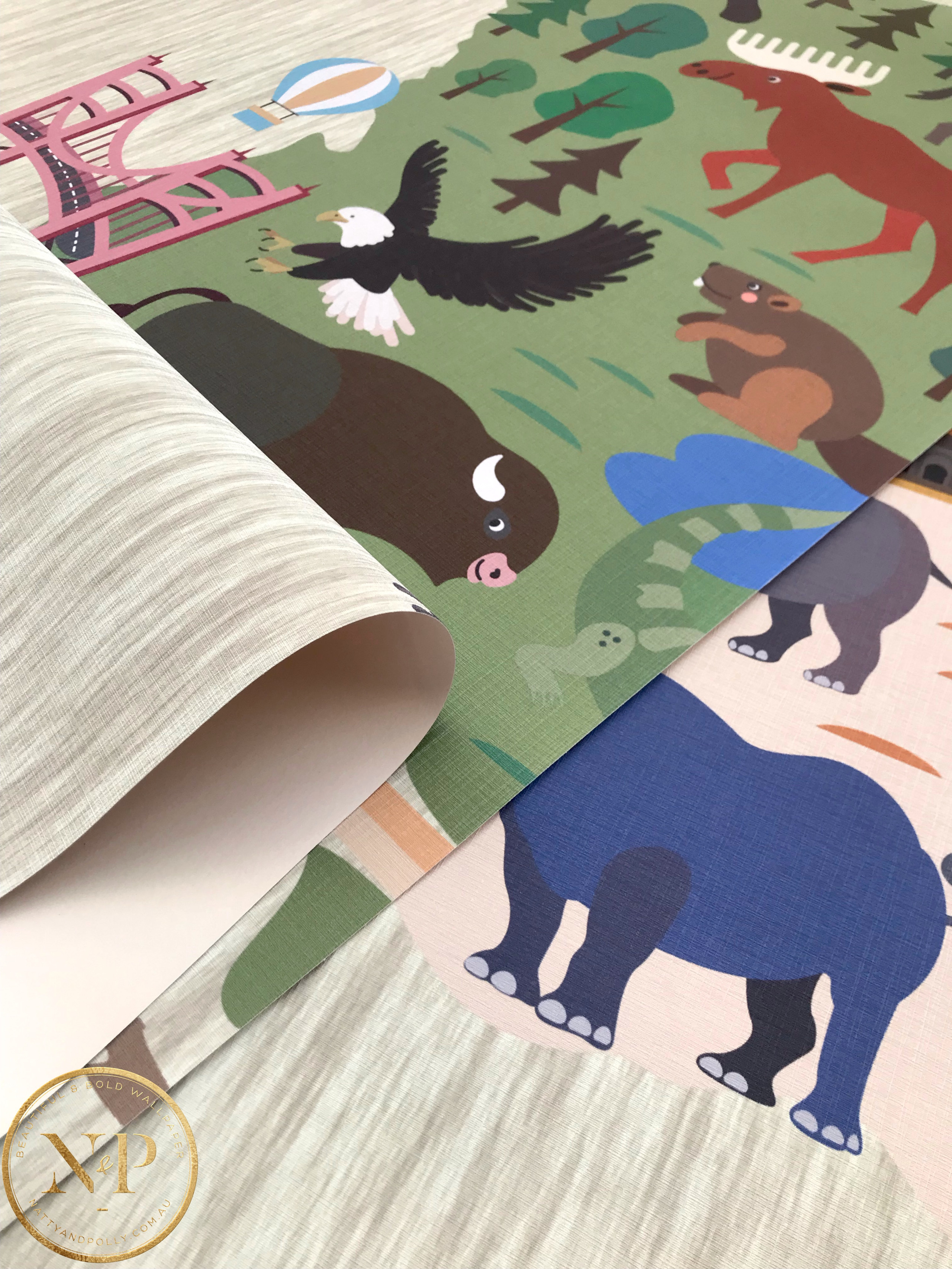 Animal World Map Linear Wallpaper Mural - Beige