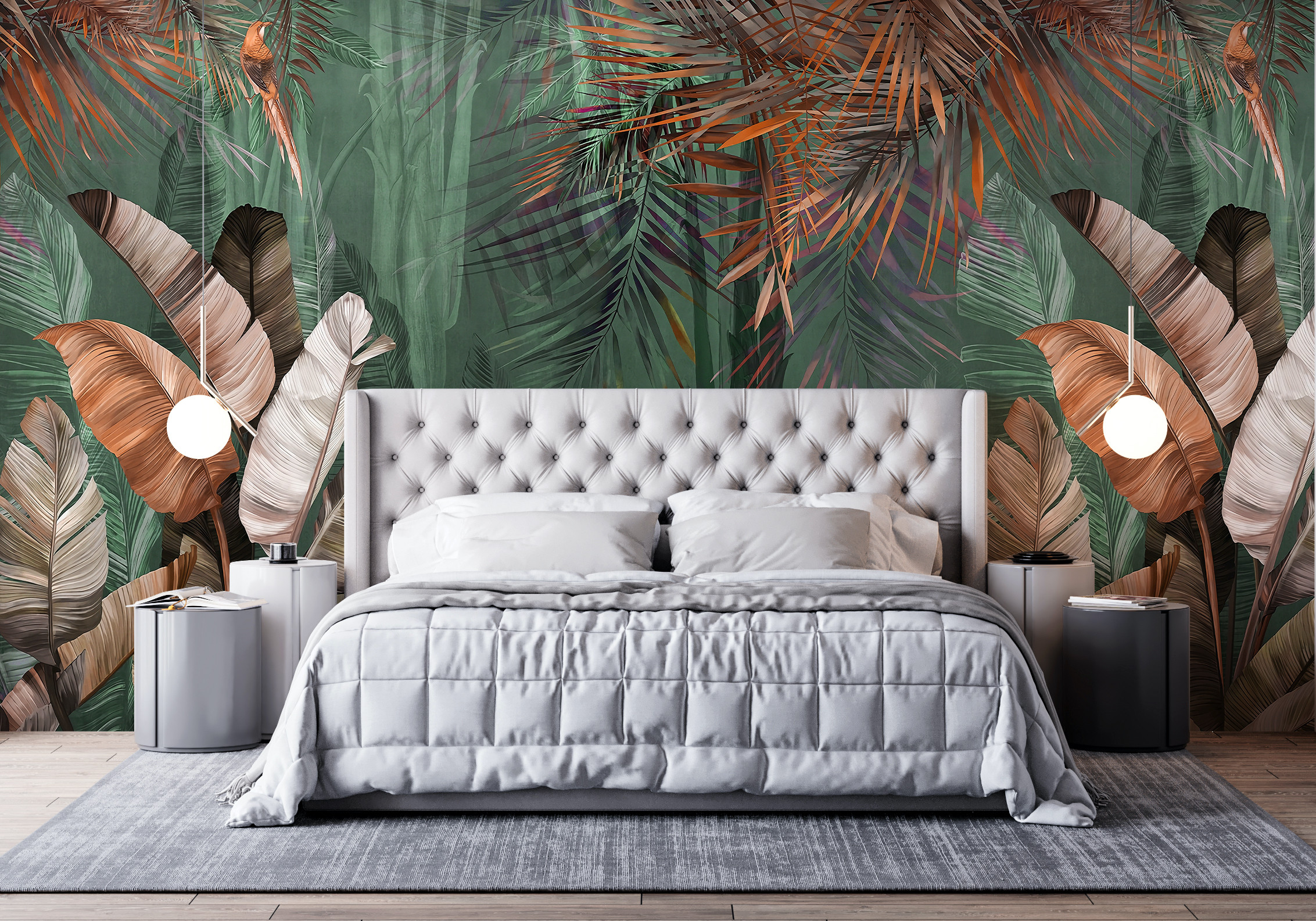 Green and Orange Tropical Paradise Birds and Palms Wallpaper Mural