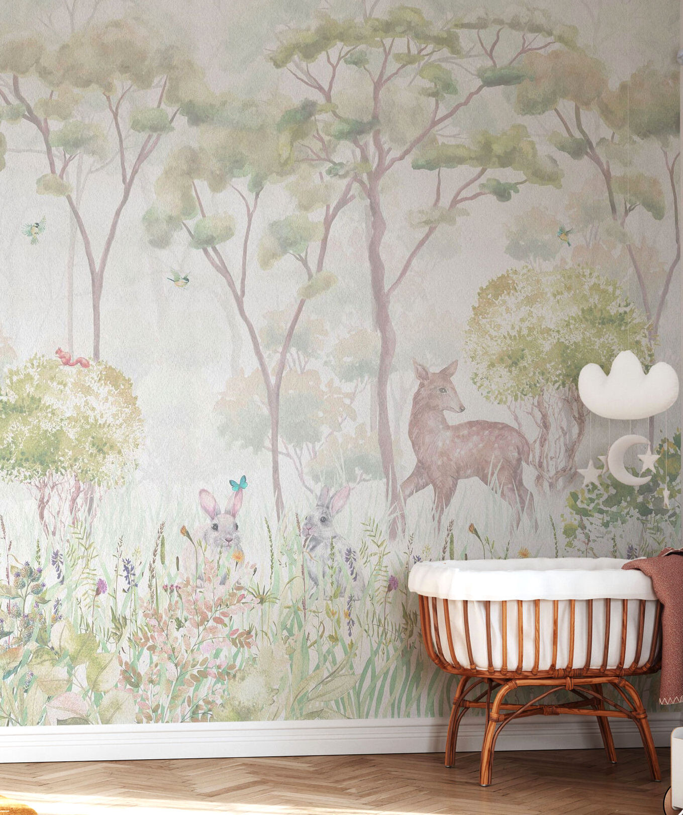 Childrens Forest In Love Deer and Trees Pastel Green Wallpaper Mural