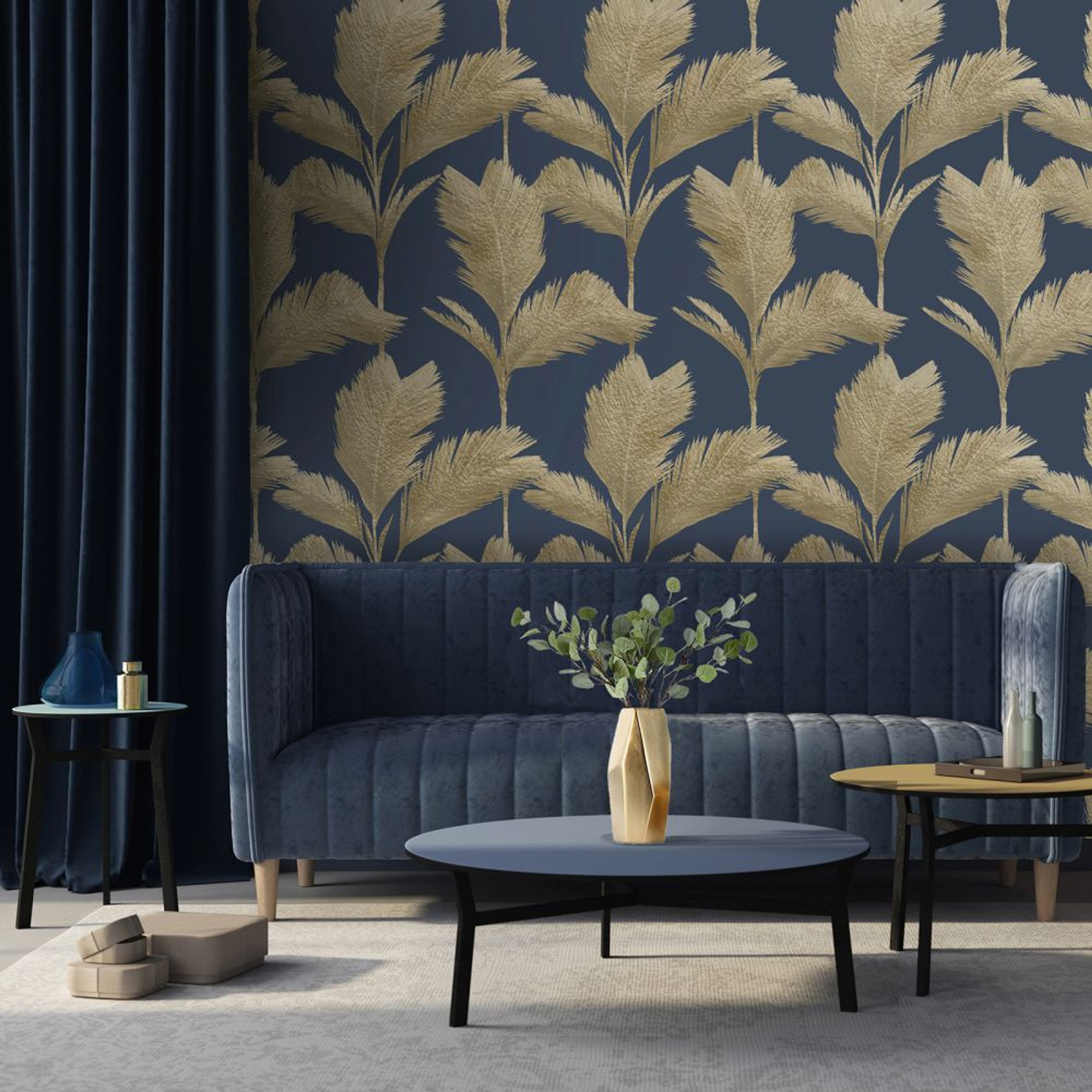 Large Scale Feathered Leaves Gold Navy Blue Vinyl Wallpaper Australia 213