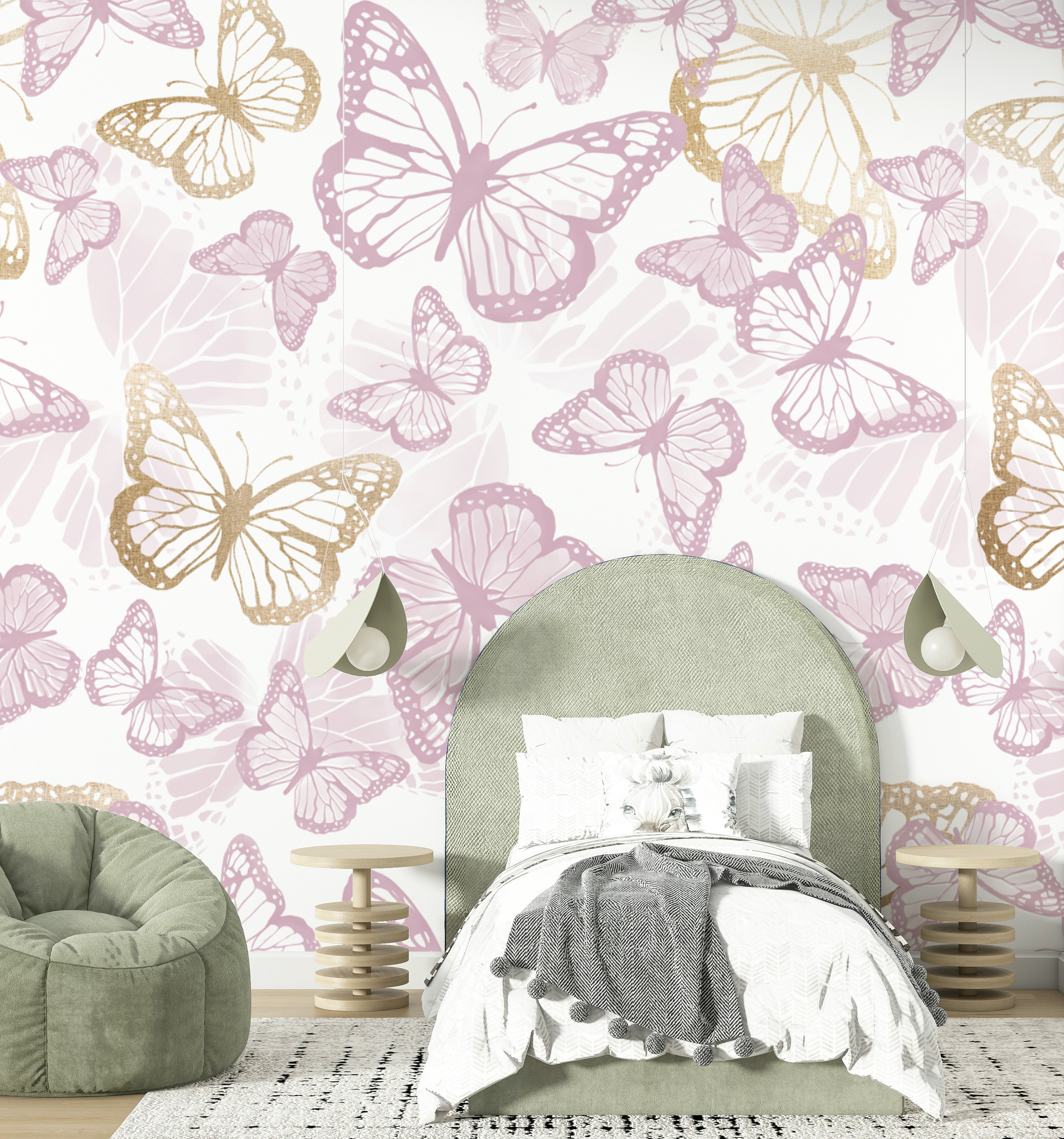 Lilac and Golden Butterflies Wallpaper Mural