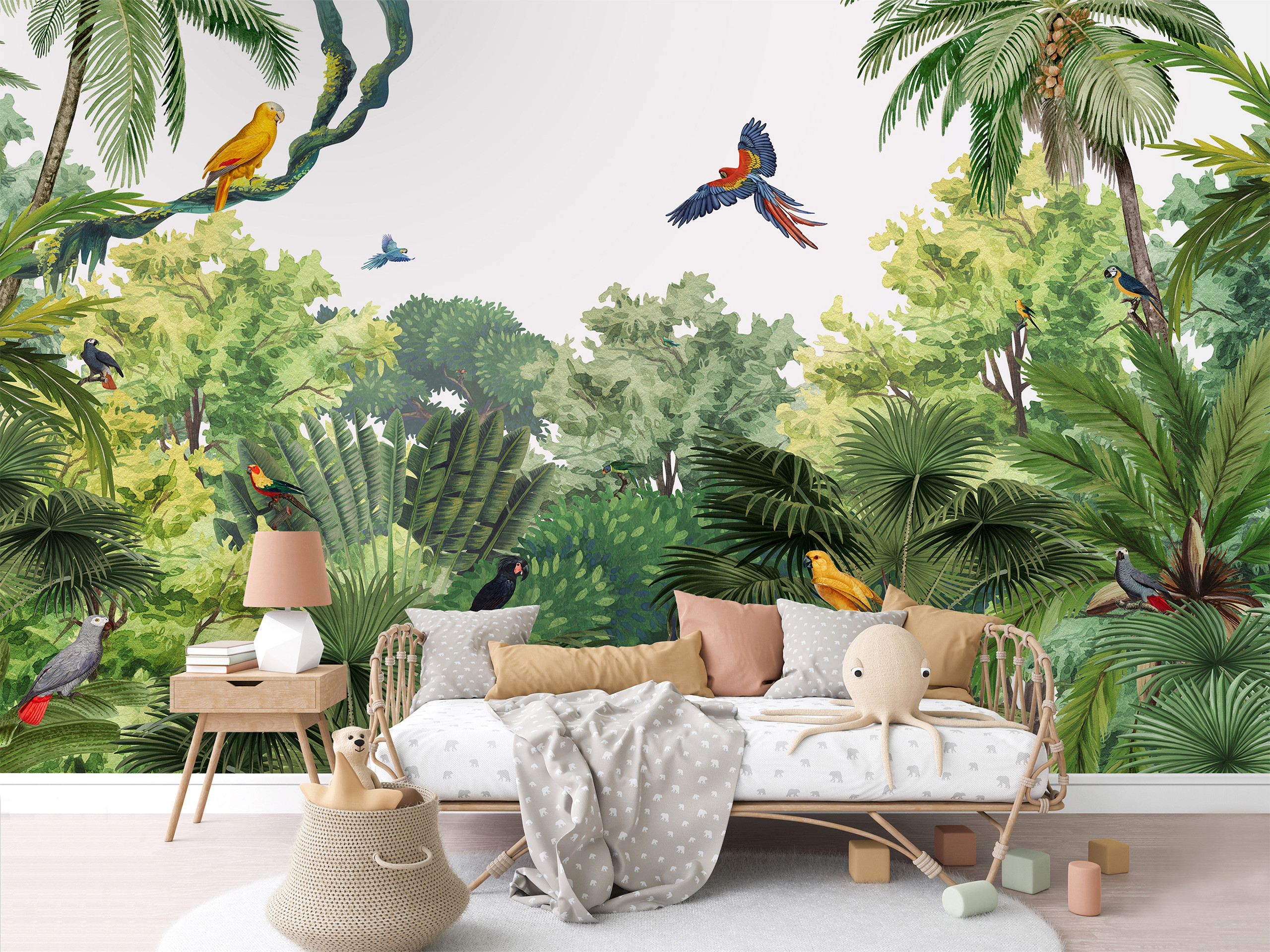 Tropical Jungle Birds Trees Green Wallpaper Wall Mural