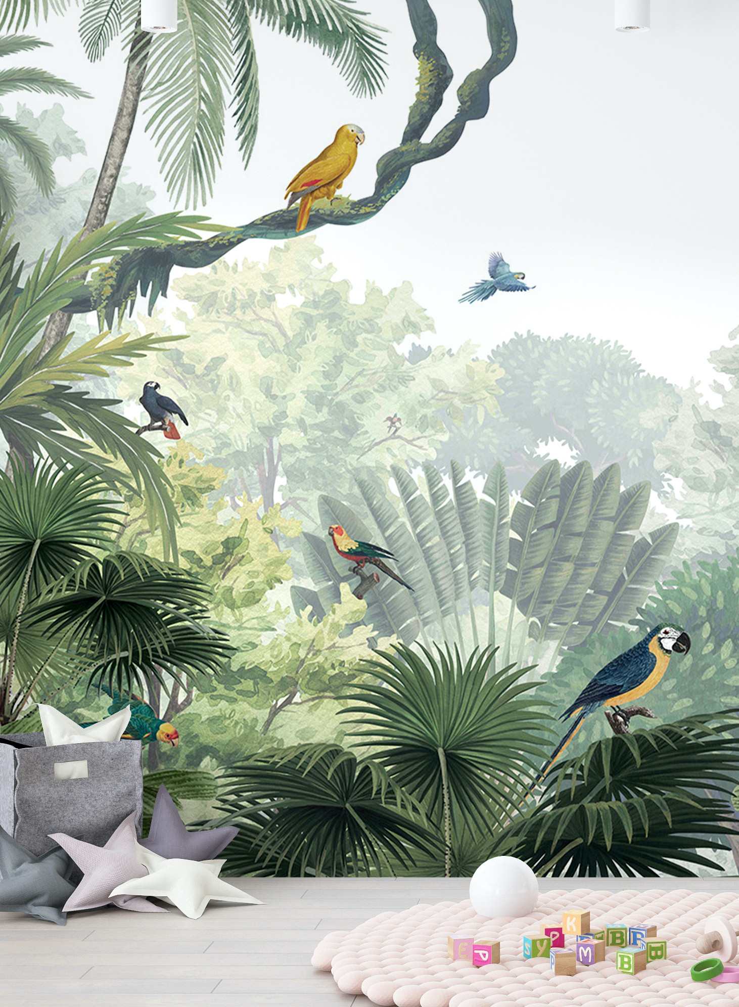 Tropical Jungle Birds Trees Neutral Green Wallpaper Wall Mural