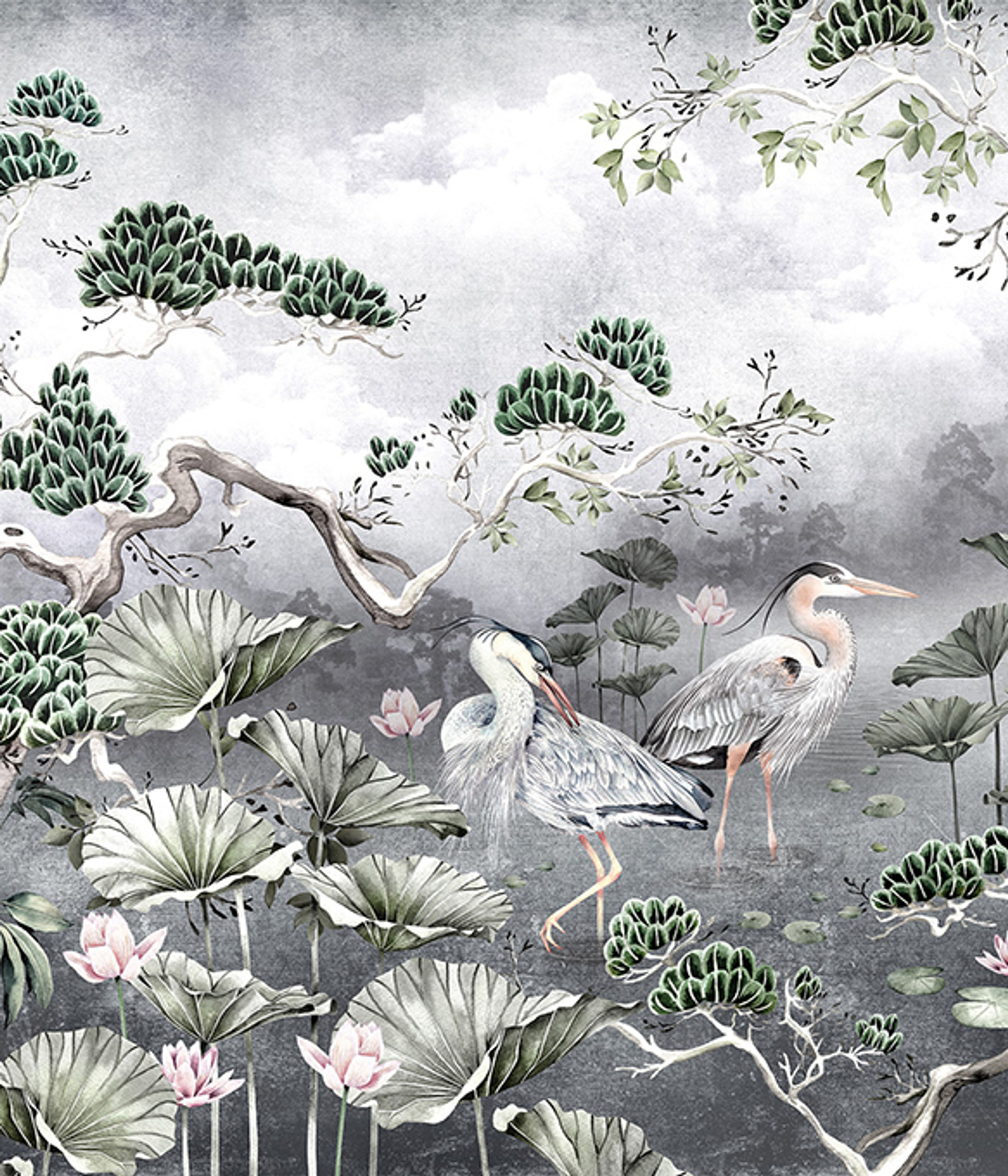 Silver Chinoiserie Crane Wallpaper Mural | Textured Vinyl Wall