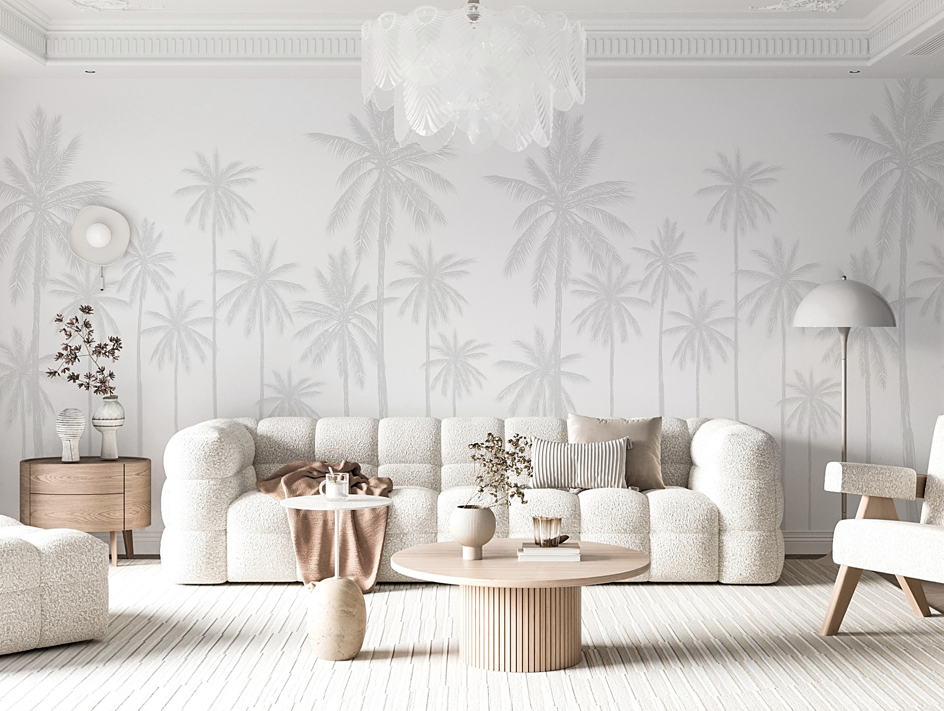 Simple Two Tone Palm Tree Grey and White Wallpaper Mural