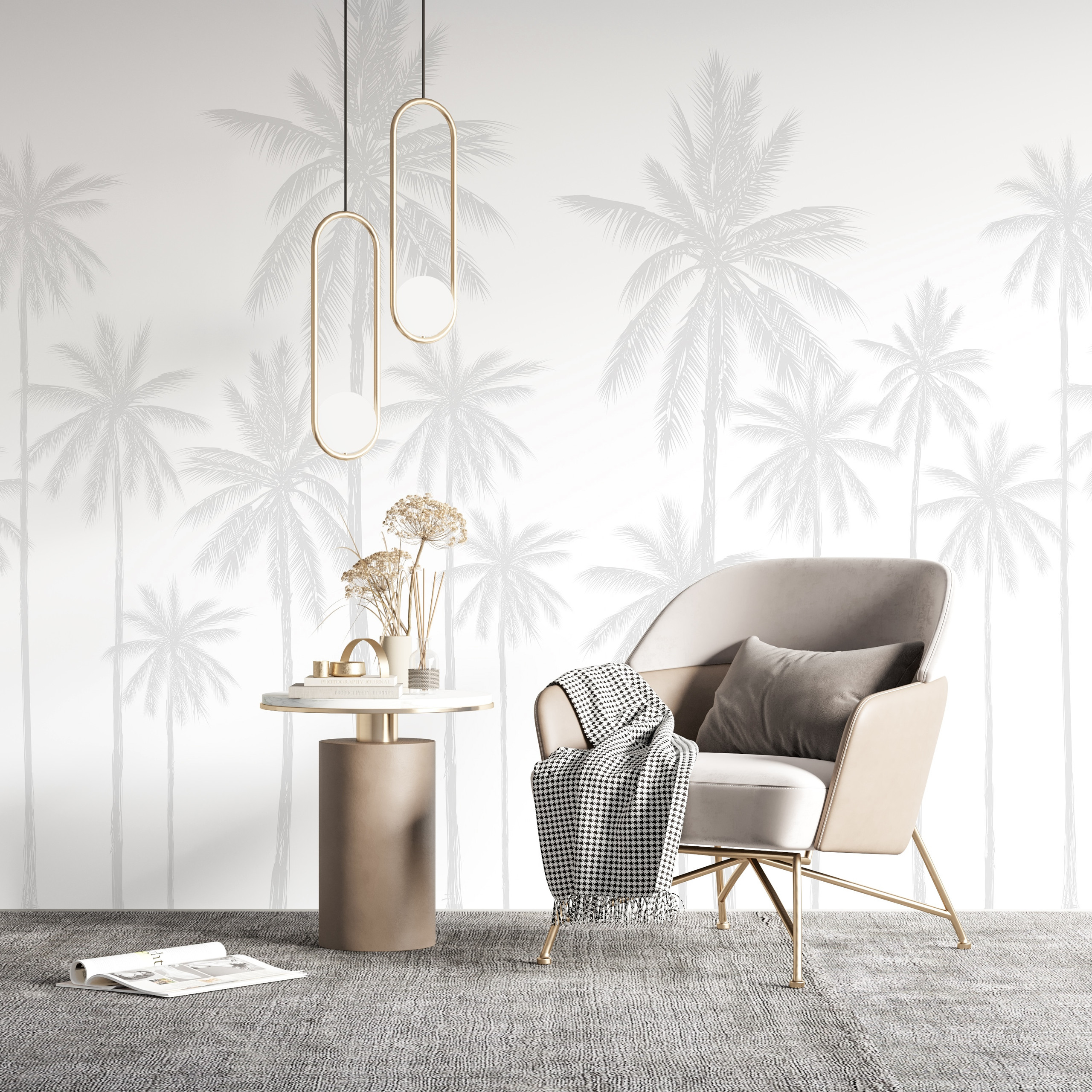Simple Two Tone Palm Tree Grey and White Wallpaper Mural