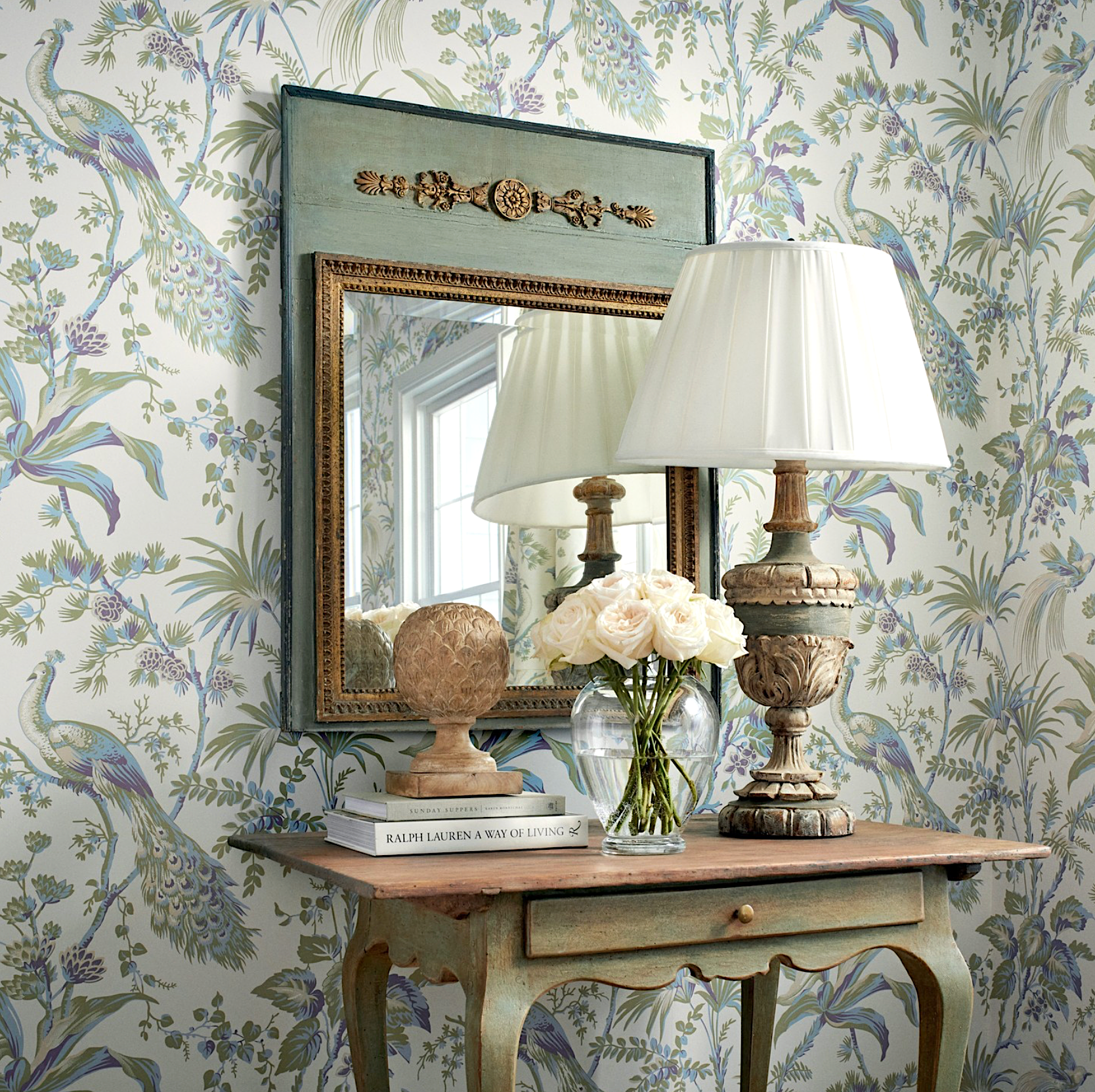 Large Scale Peacocks and Birds With A Toile Effect Blue Green Wallpaper ...