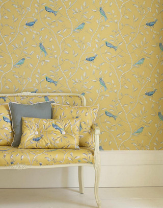 Colourful Birds on Branches Yellow Wallpaper | Sanderson Finches