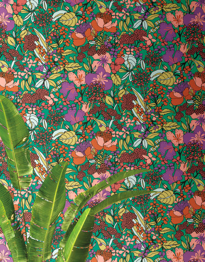 Brightly Coloured Botanical Flowers Wallpaper in Bright Blue and Maroon