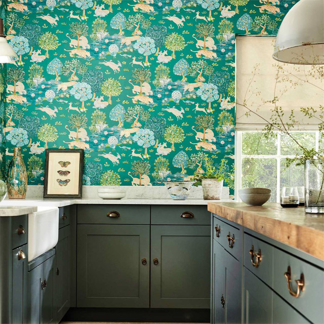 Hand-Drawn Animal Kingdom Teal Wallpaper | Sanderson Pamir Garden