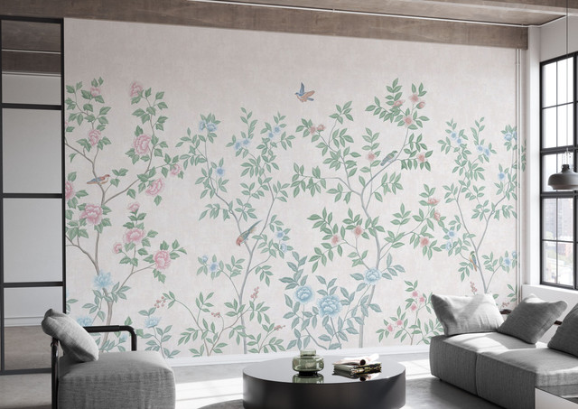 Soft Pink Chinoiserie Floral Trail and Birds Wallpaper Mural