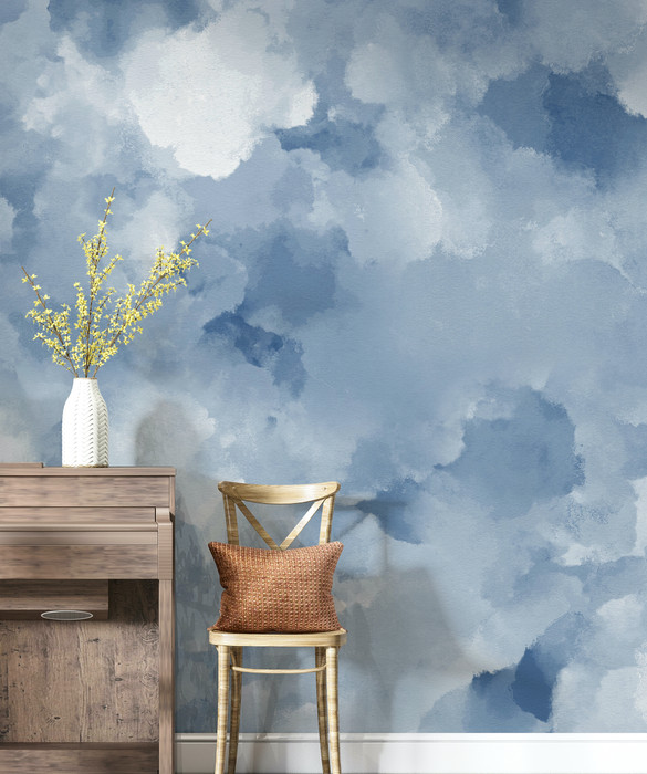 Blue and White Abstract Watercolour Cloud Effect Wallpaper Mural